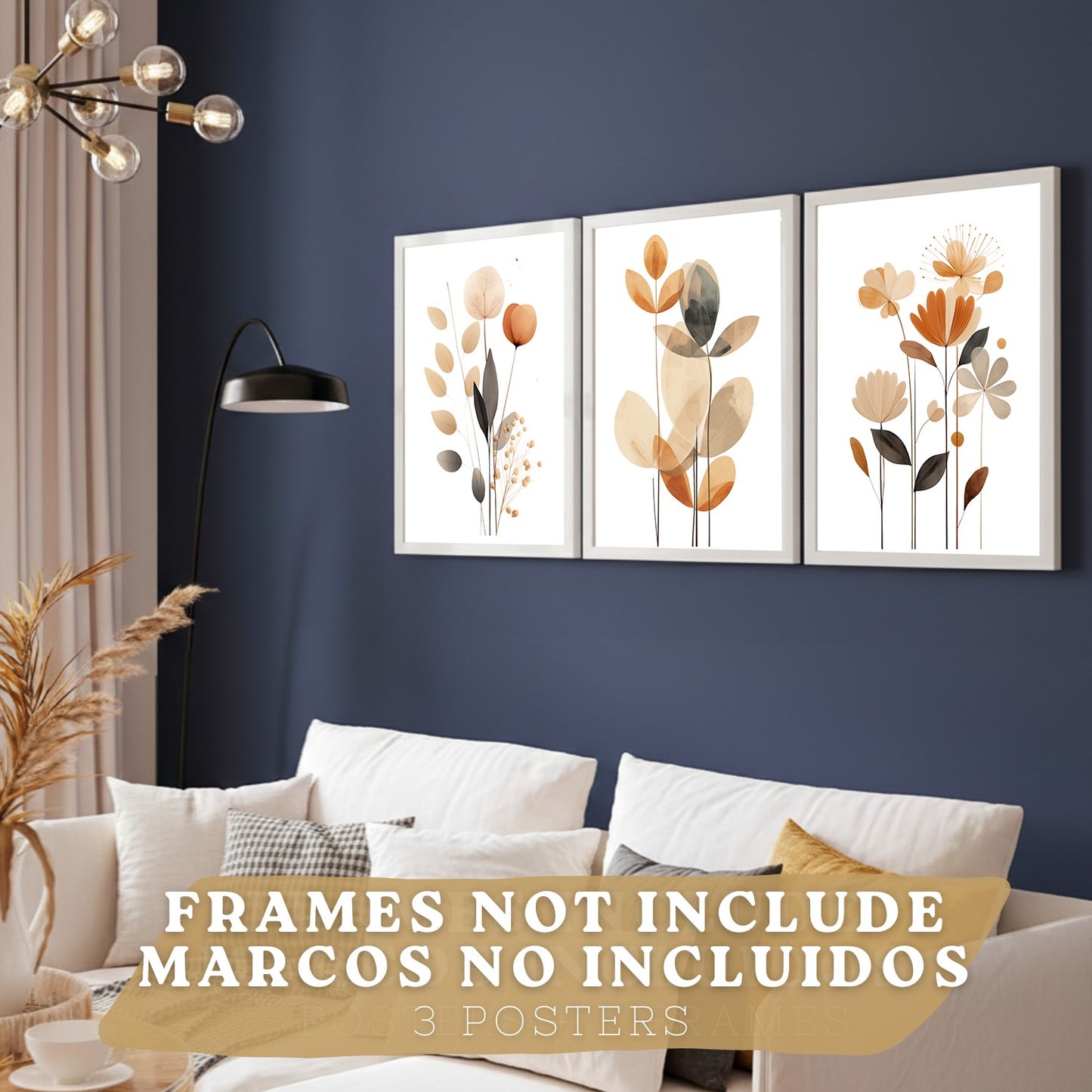 Set de 3 laminas decorativas Flores Naranjas Cuadros Salon modernos - Posters decorativos Tono naranja marron. Decoración Dormitorios.