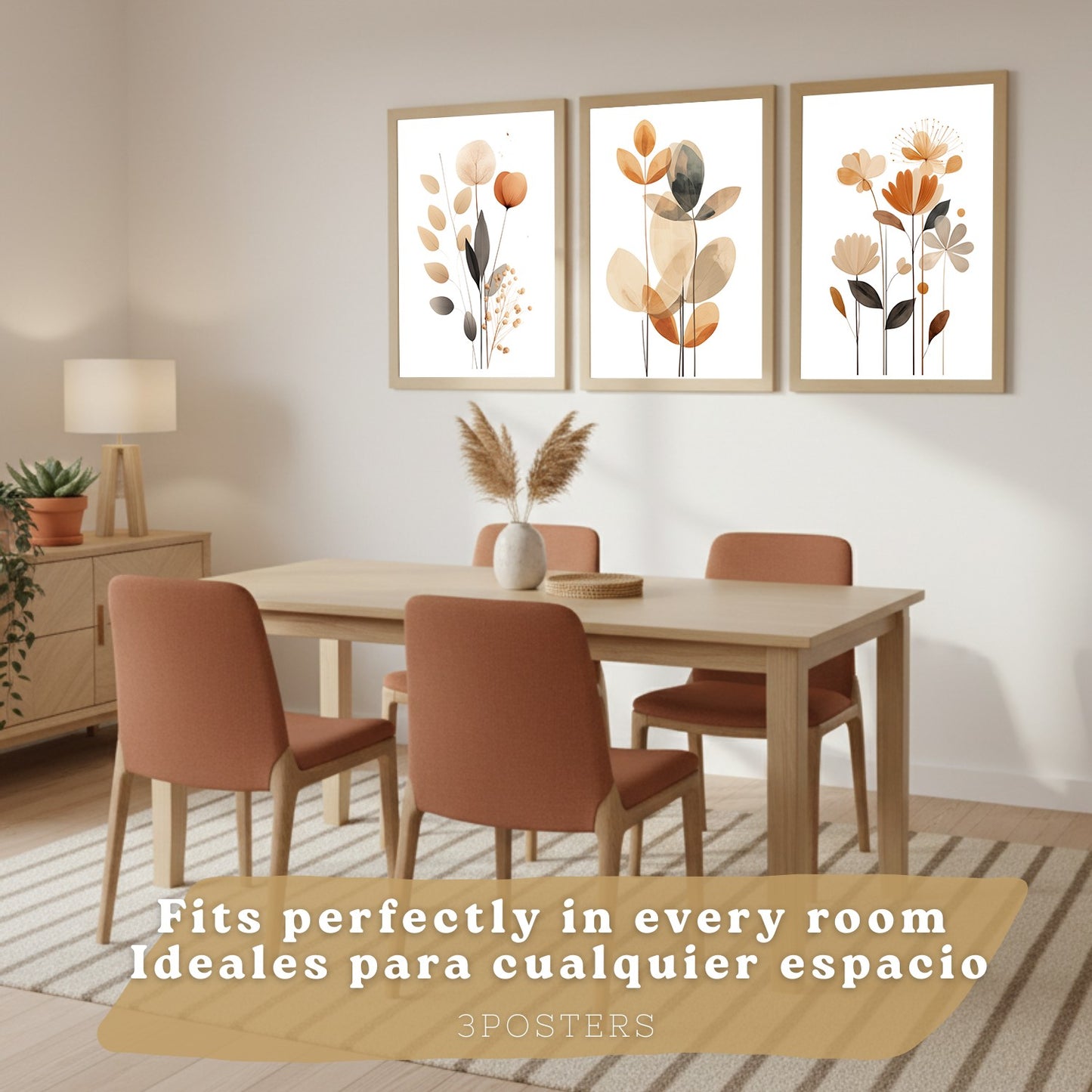 Set de 3 laminas decorativas Flores Naranjas Cuadros Salon modernos - Posters decorativos Tono naranja marron. Decoración Dormitorios.