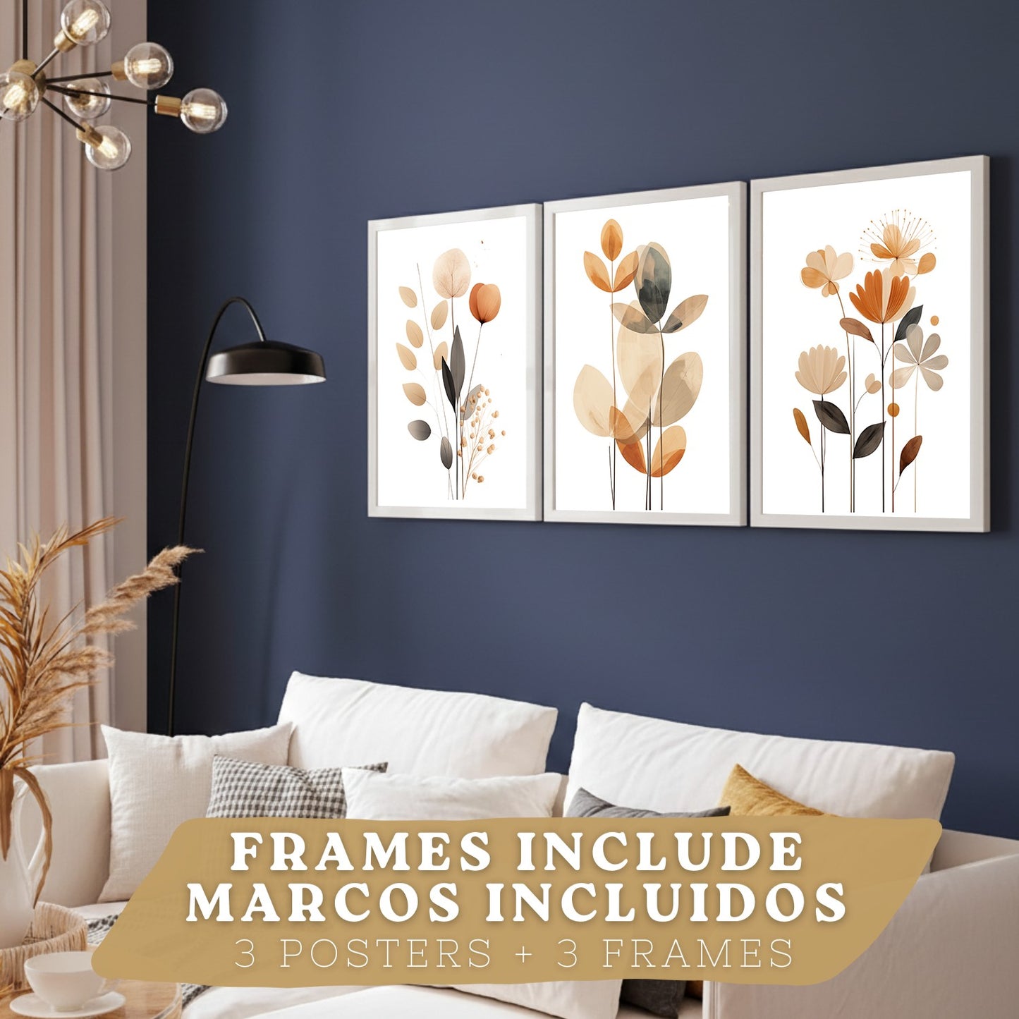 Set de 3 laminas decorativas Flores Naranjas Cuadros Salon modernos - Posters decorativos Tono naranja marron. Decoración Dormitorios.