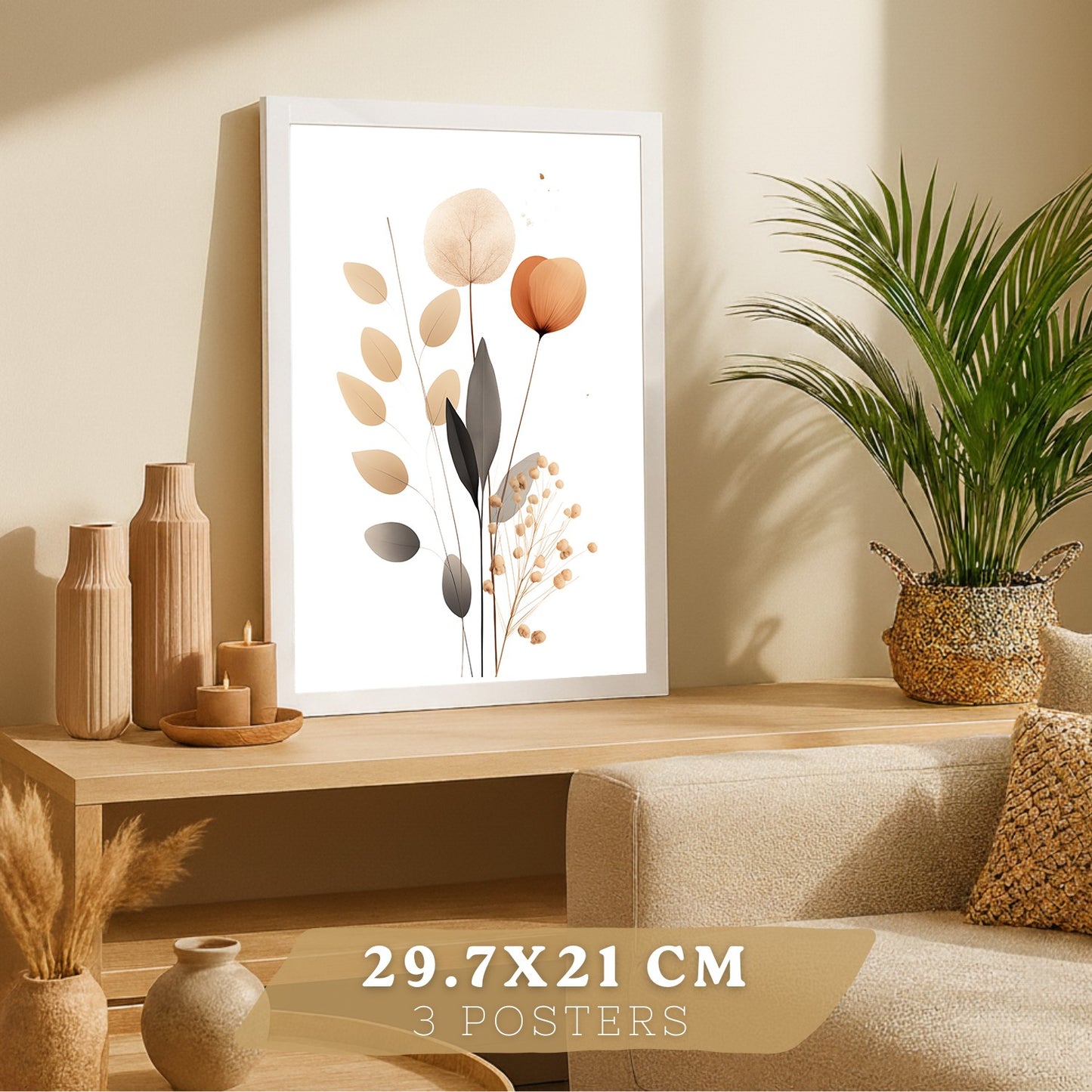 Set de 3 laminas decorativas Flores Naranjas Cuadros Salon modernos - Posters decorativos Tono naranja marron. Decoración Dormitorios.