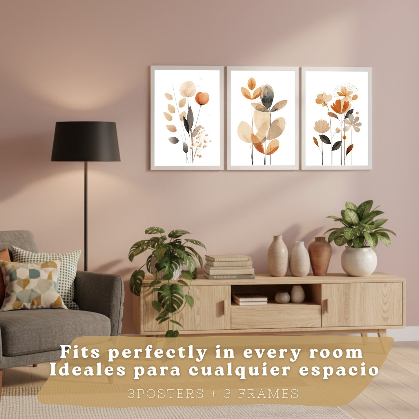 Set de 3 laminas decorativas Flores Naranjas Cuadros Salon modernos - Posters decorativos Tono naranja marron. Decoración Dormitorios.