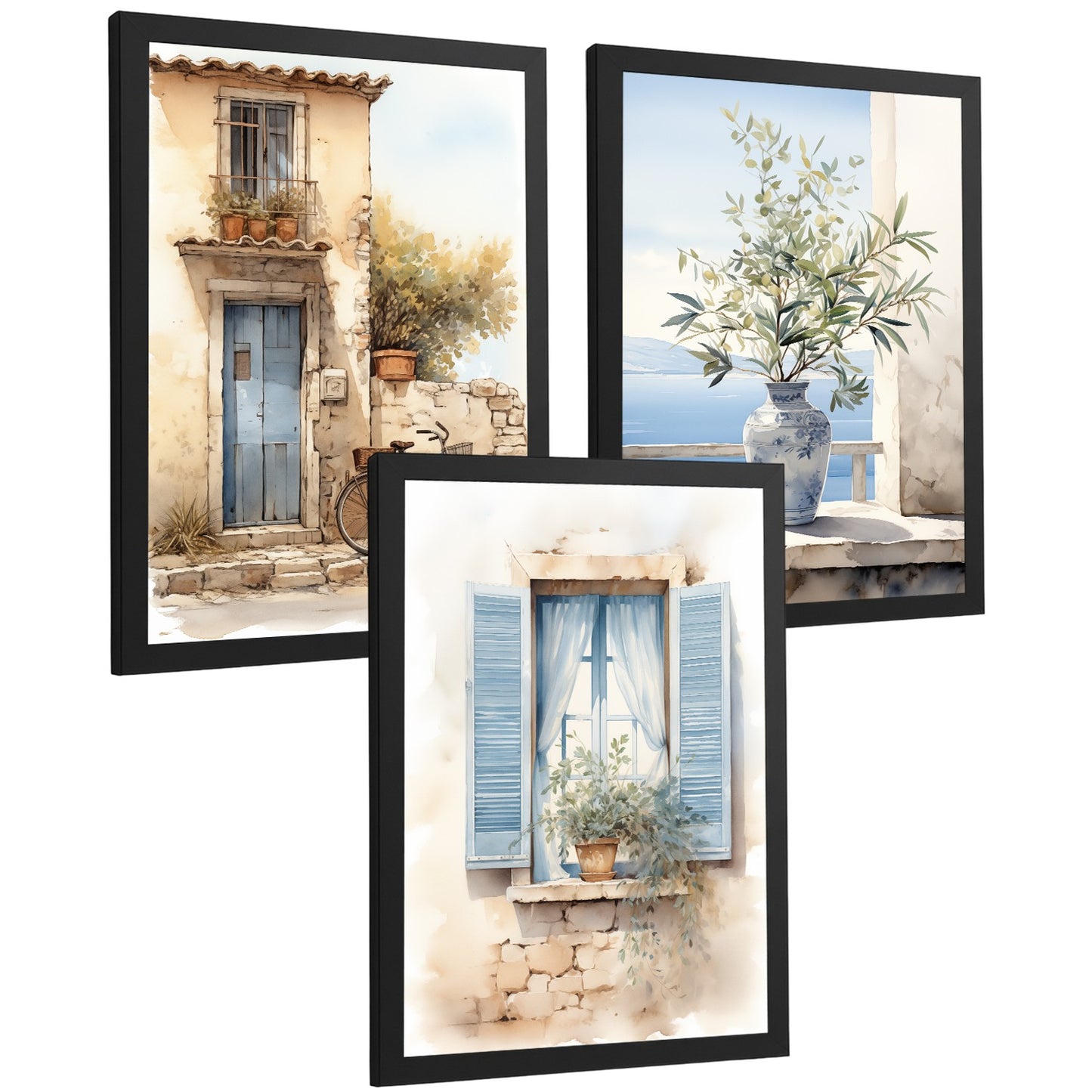 Set de 3 laminas decorativas pared maritimo, relax. Cuadros Salon modernos - Posters decorativos azules en acuarela. Mediterraneo. Decoración Dormitorios.