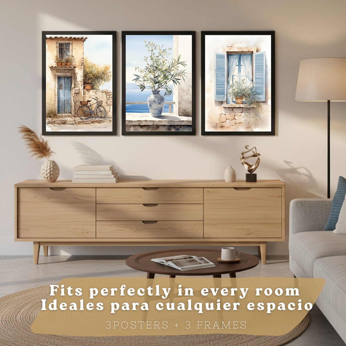 Set de 3 laminas decorativas pared maritimo, relax. Cuadros Salon modernos - Posters decorativos azules en acuarela. Mediterraneo. Decoración Dormitorios.