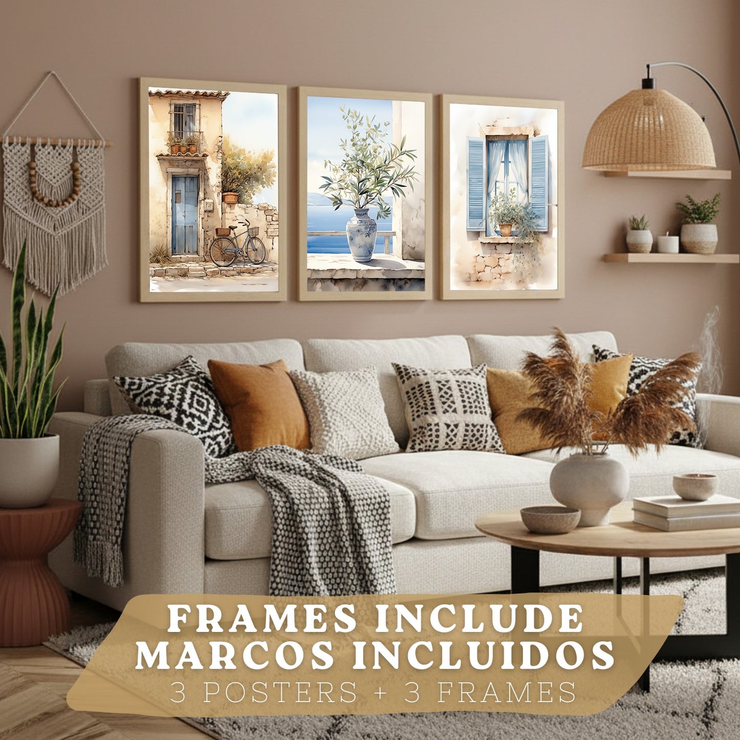 Set de 3 laminas decorativas pared maritimo, relax. Cuadros Salon modernos - Posters decorativos azules en acuarela. Mediterraneo. Decoración Dormitorios.