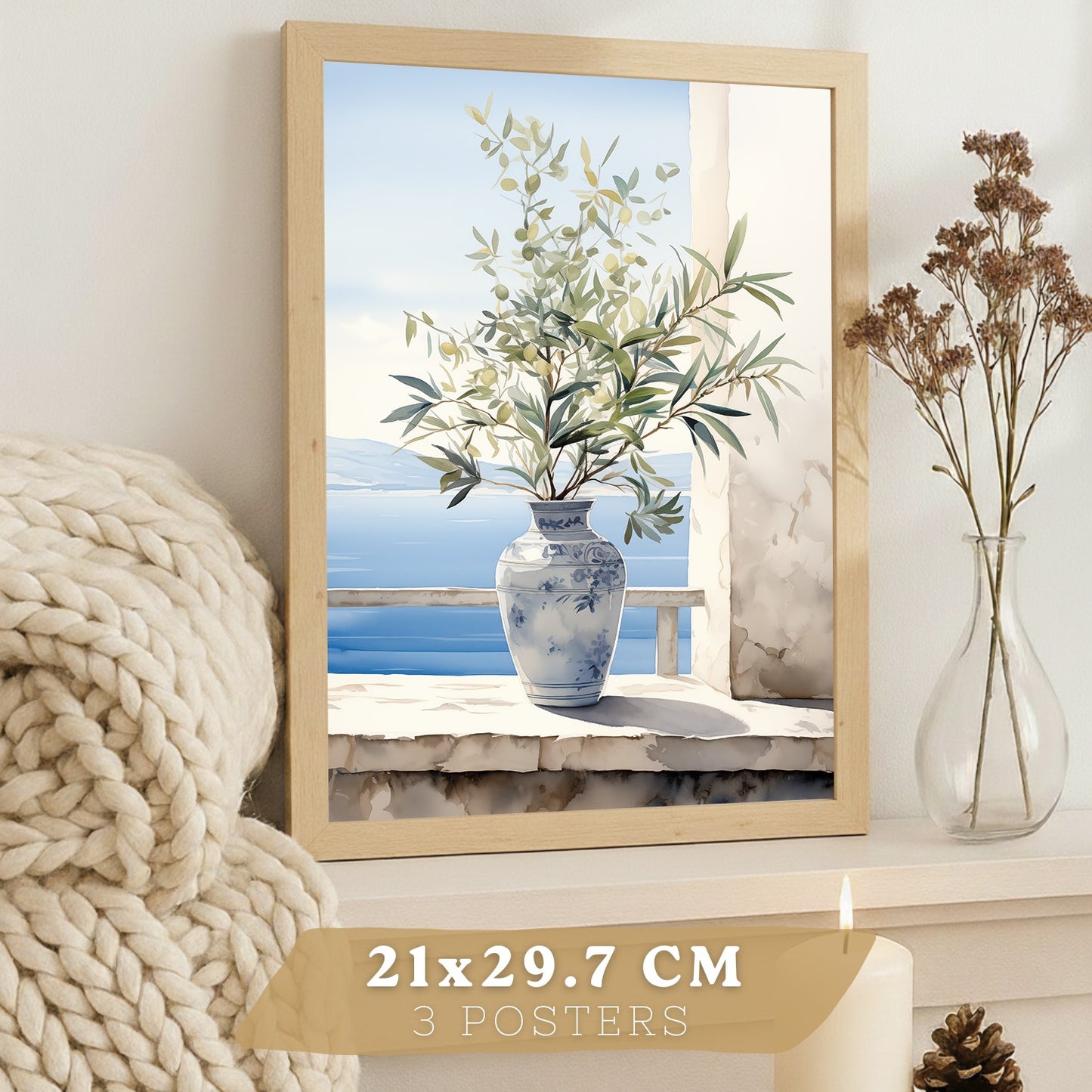 Set de 3 laminas decorativas pared maritimo, relax. Cuadros Salon modernos - Posters decorativos azules en acuarela. Mediterraneo. Decoración Dormitorios.