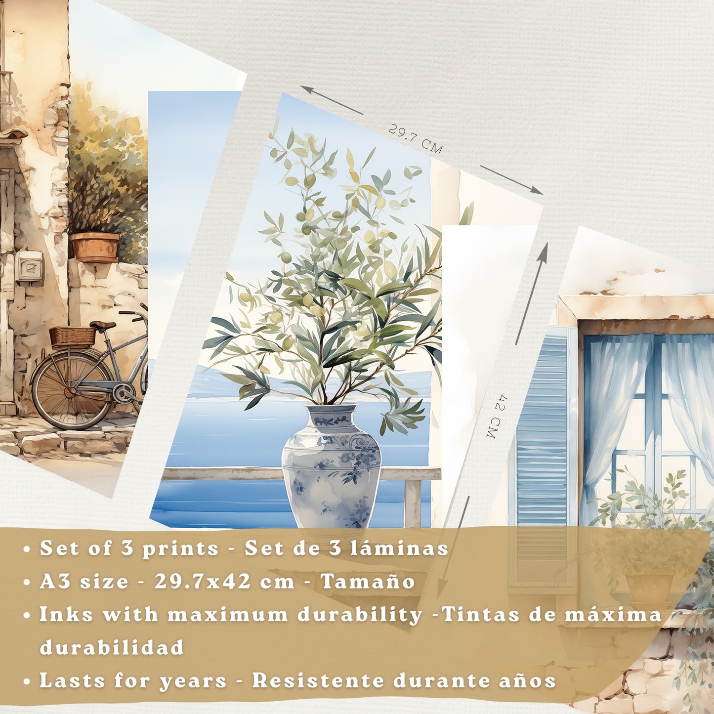 Set de 3 laminas decorativas pared maritimo, relax. Cuadros Salon modernos - Posters decorativos azules en acuarela. Mediterraneo. Decoración Dormitorios.