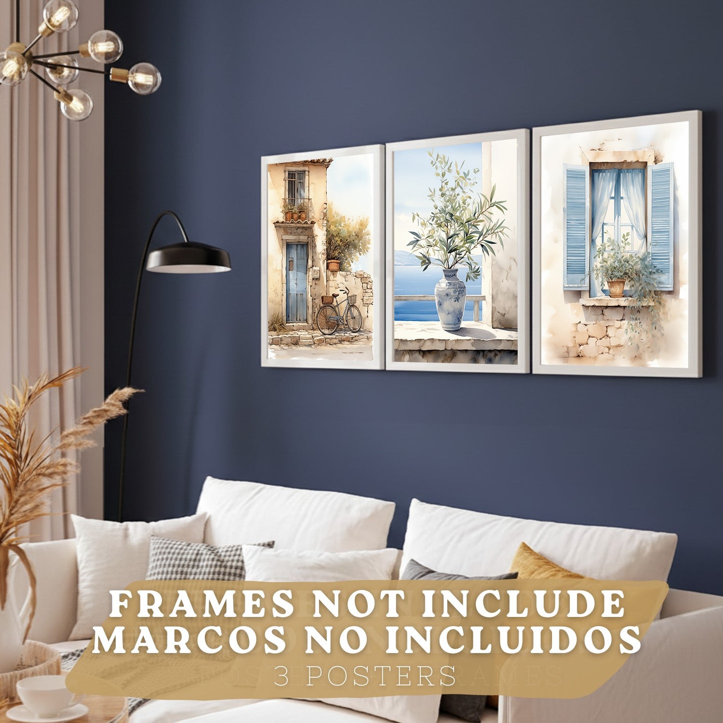 Set de 3 laminas decorativas pared maritimo, relax. Cuadros Salon modernos - Posters decorativos azules en acuarela. Mediterraneo. Decoración Dormitorios.