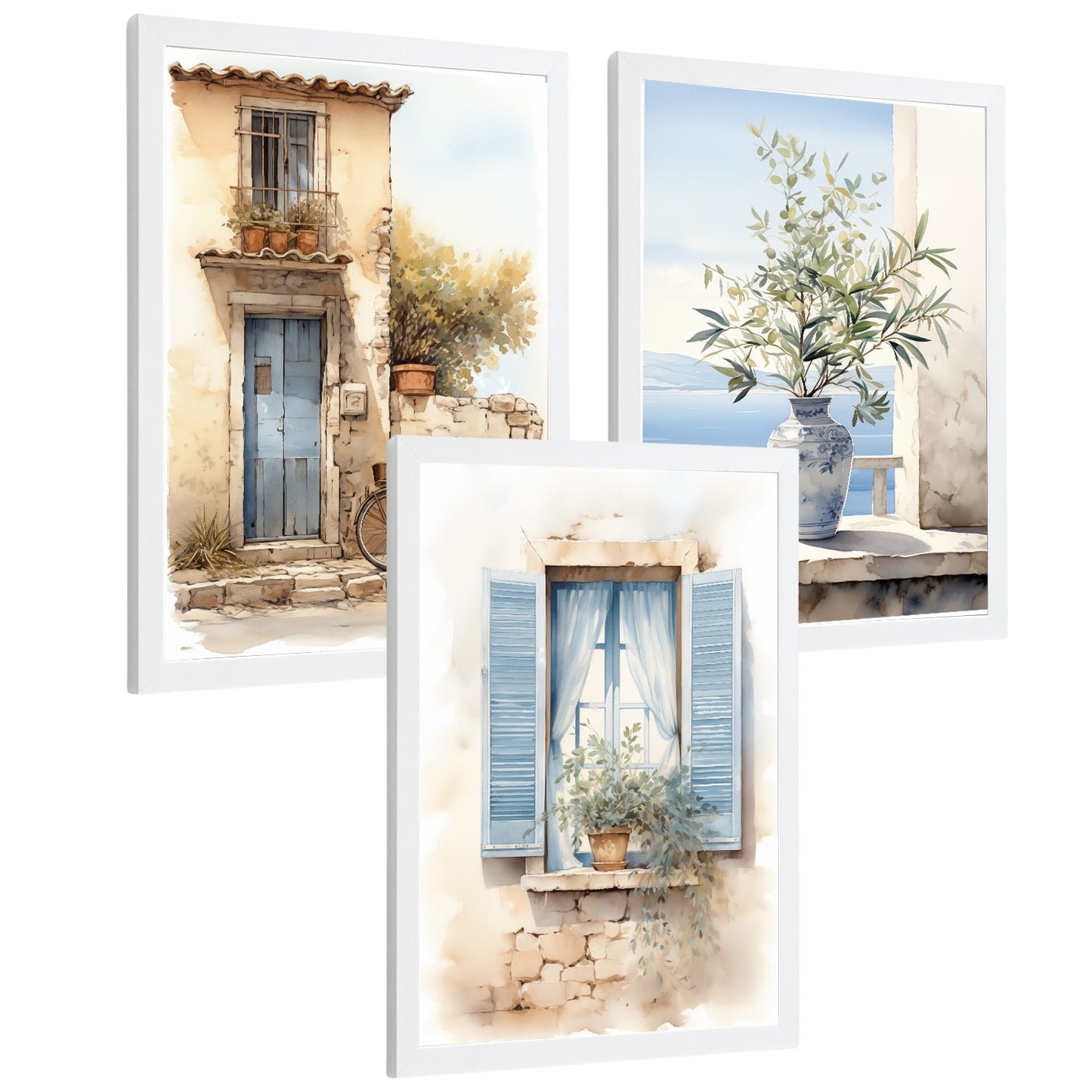 Set de 3 laminas decorativas pared maritimo, relax. Cuadros Salon modernos - Posters decorativos azules en acuarela. Mediterraneo. Decoración Dormitorios.