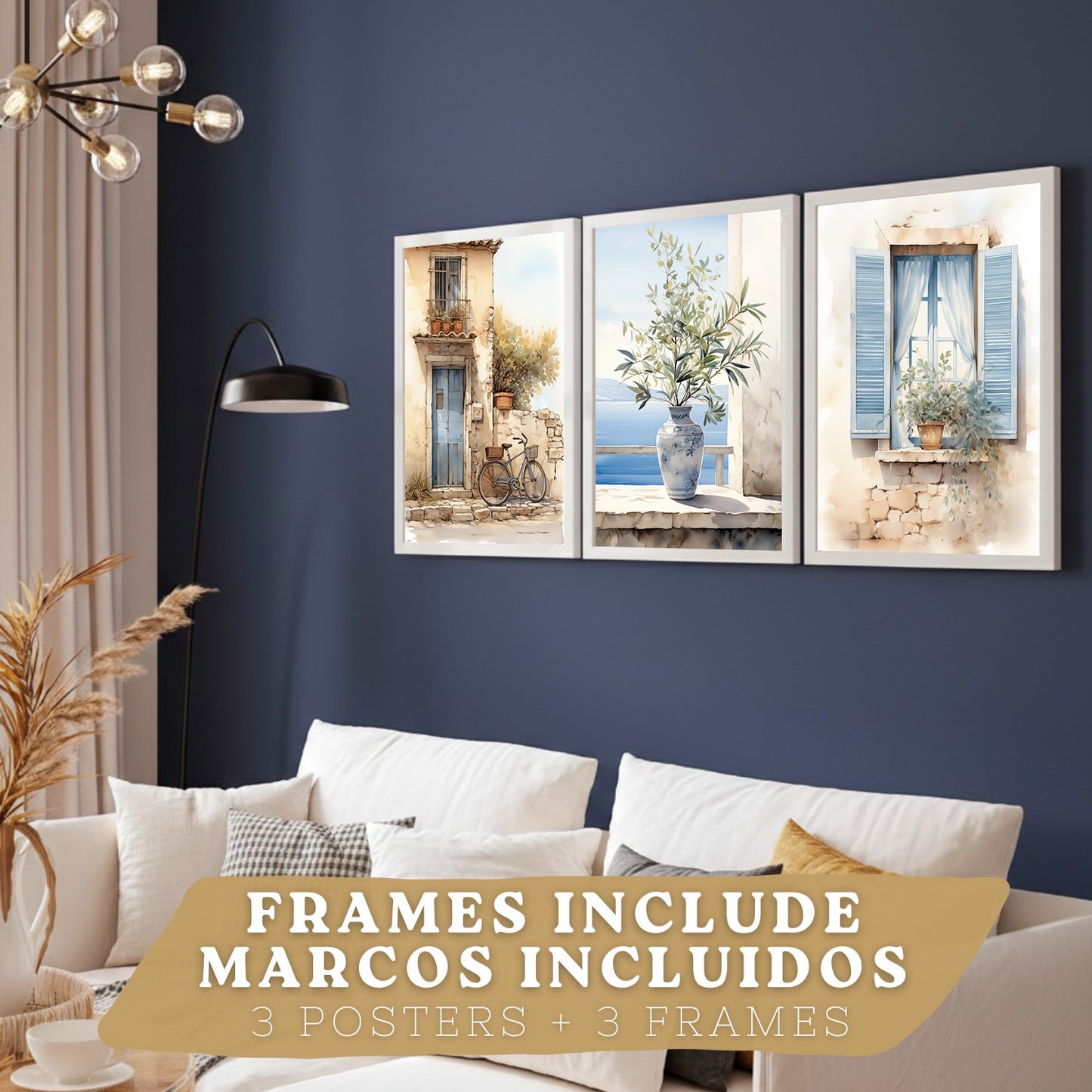 Set de 3 laminas decorativas pared maritimo, relax. Cuadros Salon modernos - Posters decorativos azules en acuarela. Mediterraneo. Decoración Dormitorios.