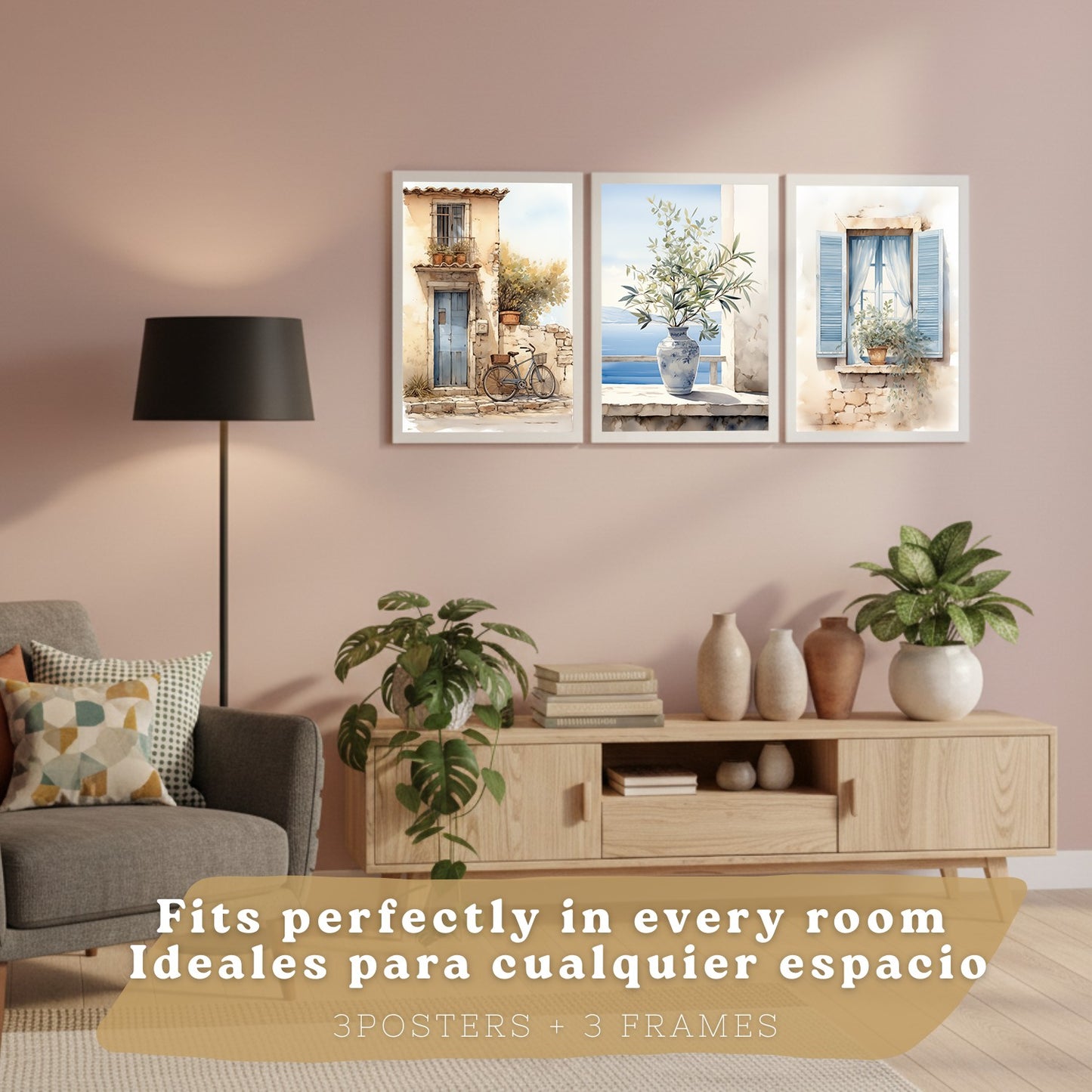 Set de 3 laminas decorativas pared maritimo, relax. Cuadros Salon modernos - Posters decorativos azules en acuarela. Mediterraneo. Decoración Dormitorios.