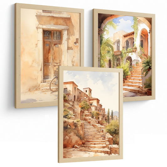 Juego de 3 laminas decorativas pared estilo rural. Cuadros Salon modernos Posters decorativos tonos marrones. Acuarelas vintage.