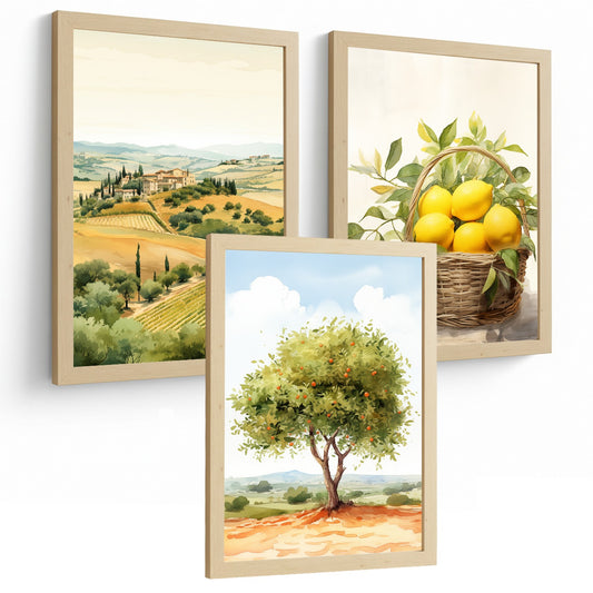 Juego de 3 laminas decorativas pared estilo rural. Cuadros Salon modernos Posters decorativos tonos amarillos. Campos y pueblos Acuarelas vintage