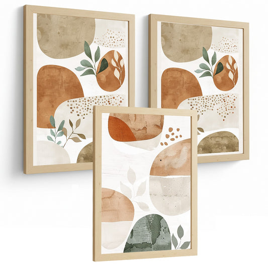 Set de 3 laminas decorativas Formas Abstractas Florales Cuadros Salon modernos - Posters decorativos Plantas verdes marrones Decoración Dormitorios Cocina Baño