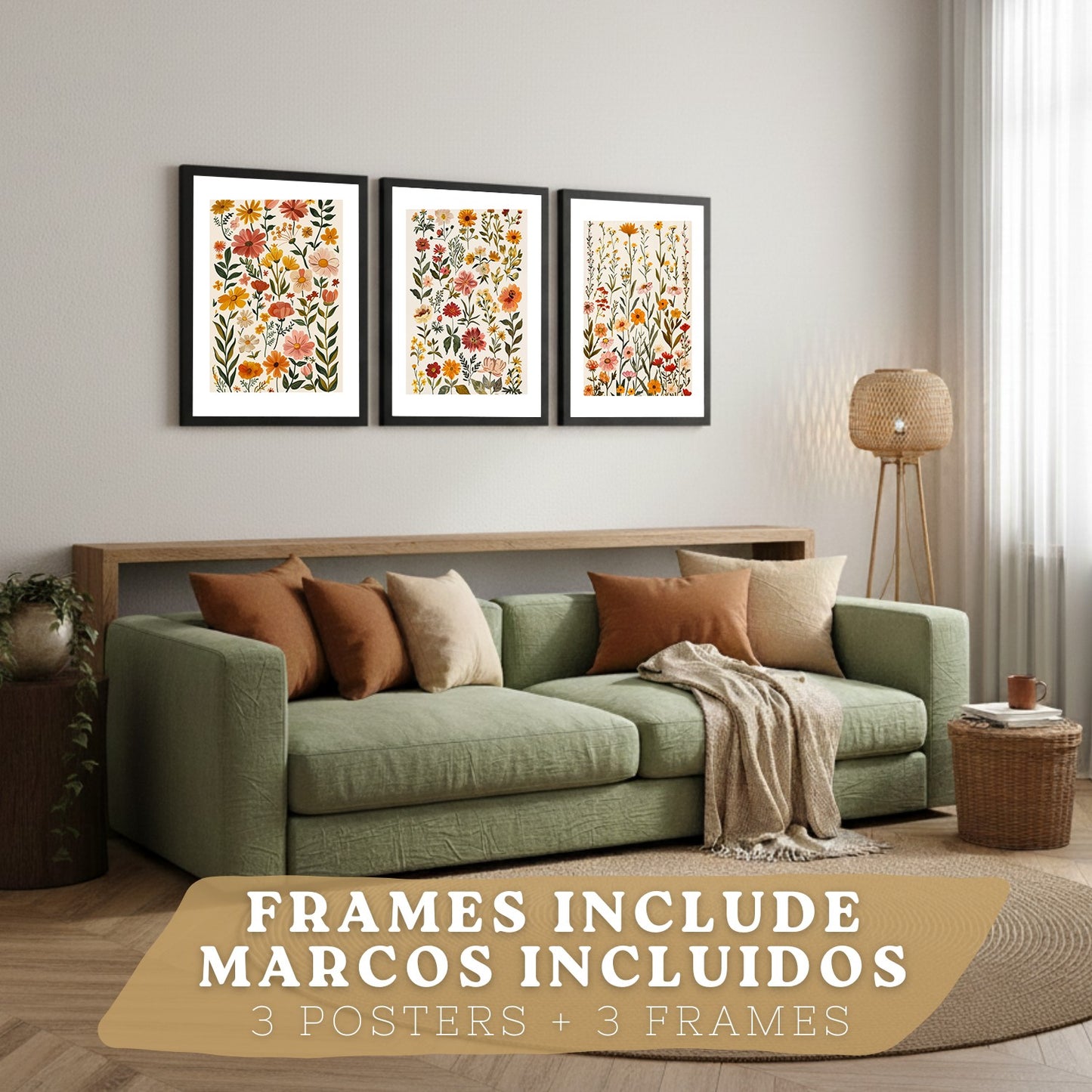 Set de 3 laminas decorativas flores silvestres. Cuadros Salon modernos - Posters decorativos Botanico campestre. Decoración Dormitorios.