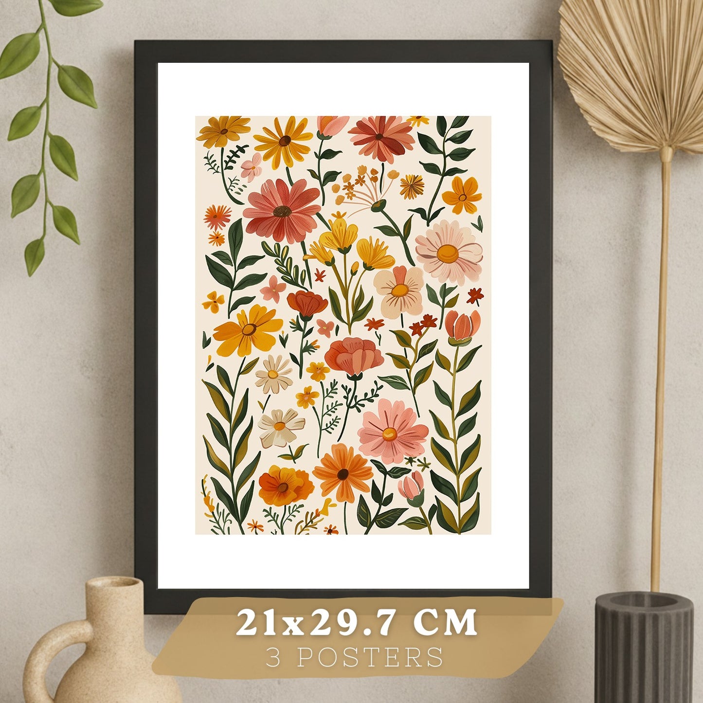 Set de 3 laminas decorativas flores silvestres. Cuadros Salon modernos - Posters decorativos Botanico campestre. Decoración Dormitorios.