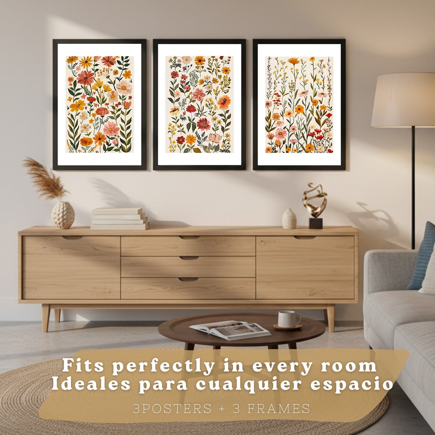 Set de 3 laminas decorativas flores silvestres. Cuadros Salon modernos - Posters decorativos Botanico campestre. Decoración Dormitorios.