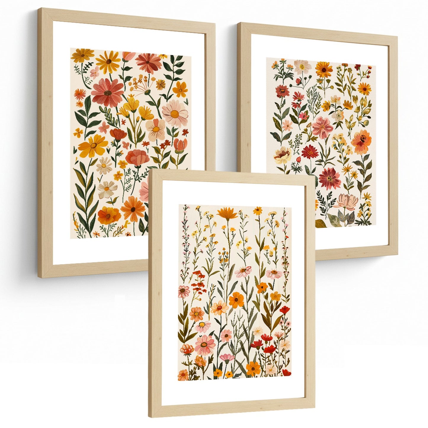 Set de 3 laminas decorativas flores silvestres. Cuadros Salon modernos - Posters decorativos Botanico campestre. Decoración Dormitorios.