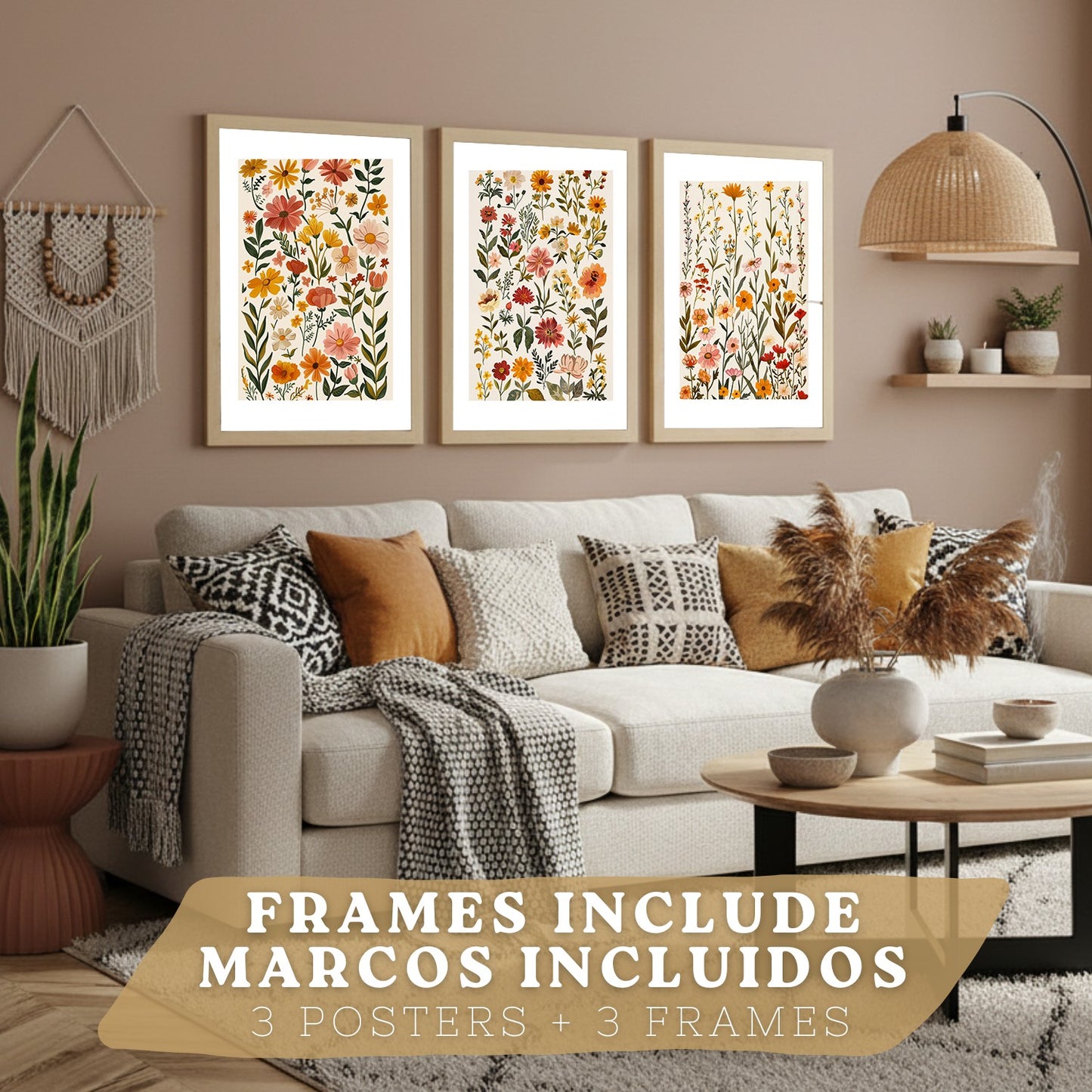 Set de 3 laminas decorativas flores silvestres. Cuadros Salon modernos - Posters decorativos Botanico campestre. Decoración Dormitorios.