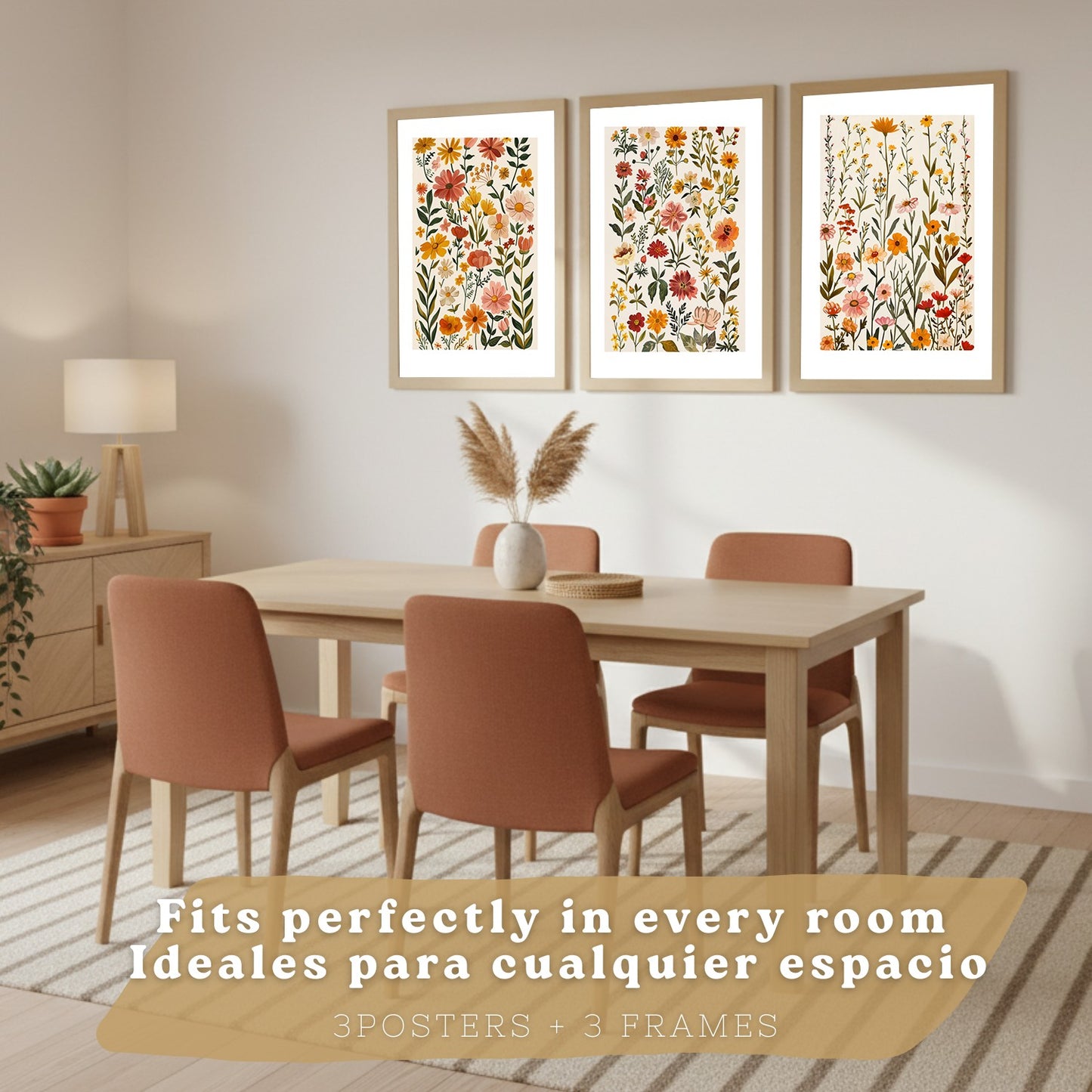 Set de 3 laminas decorativas flores silvestres. Cuadros Salon modernos - Posters decorativos Botanico campestre. Decoración Dormitorios.