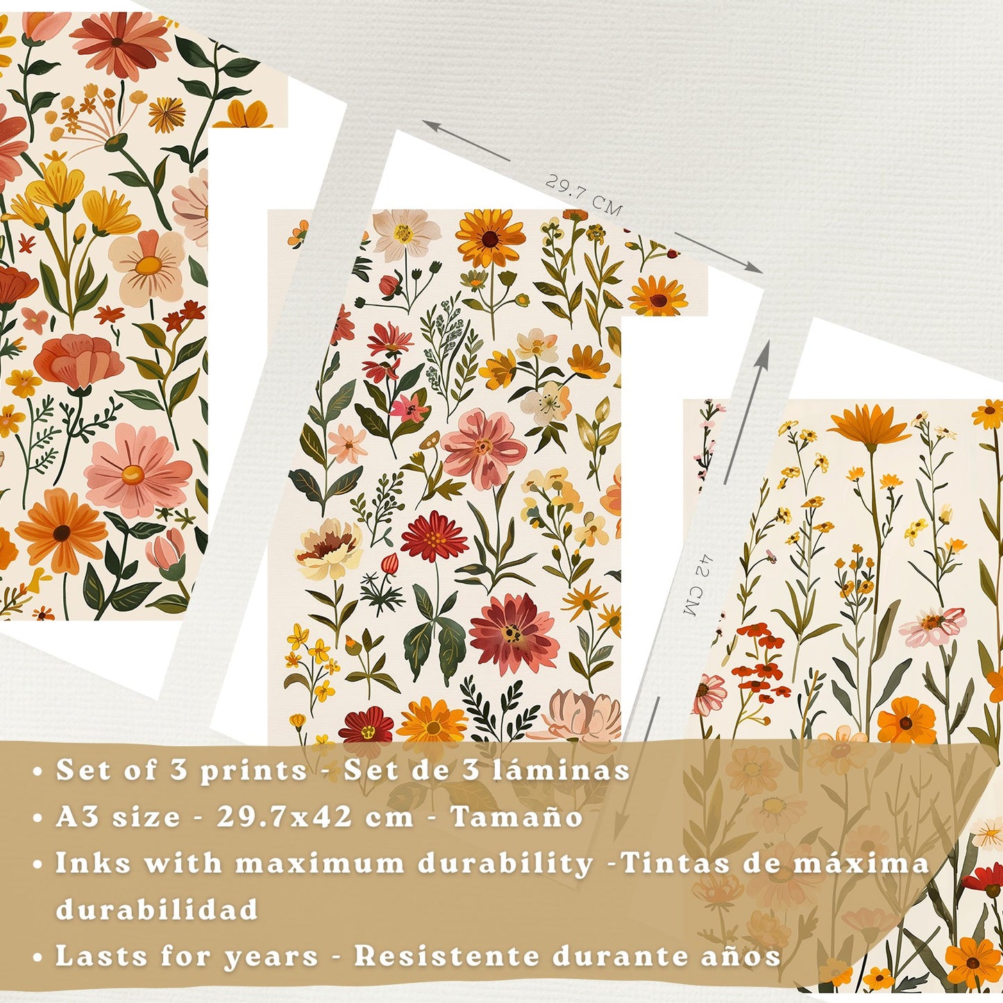 Set de 3 laminas decorativas flores silvestres. Cuadros Salon modernos - Posters decorativos Botanico campestre. Decoración Dormitorios.