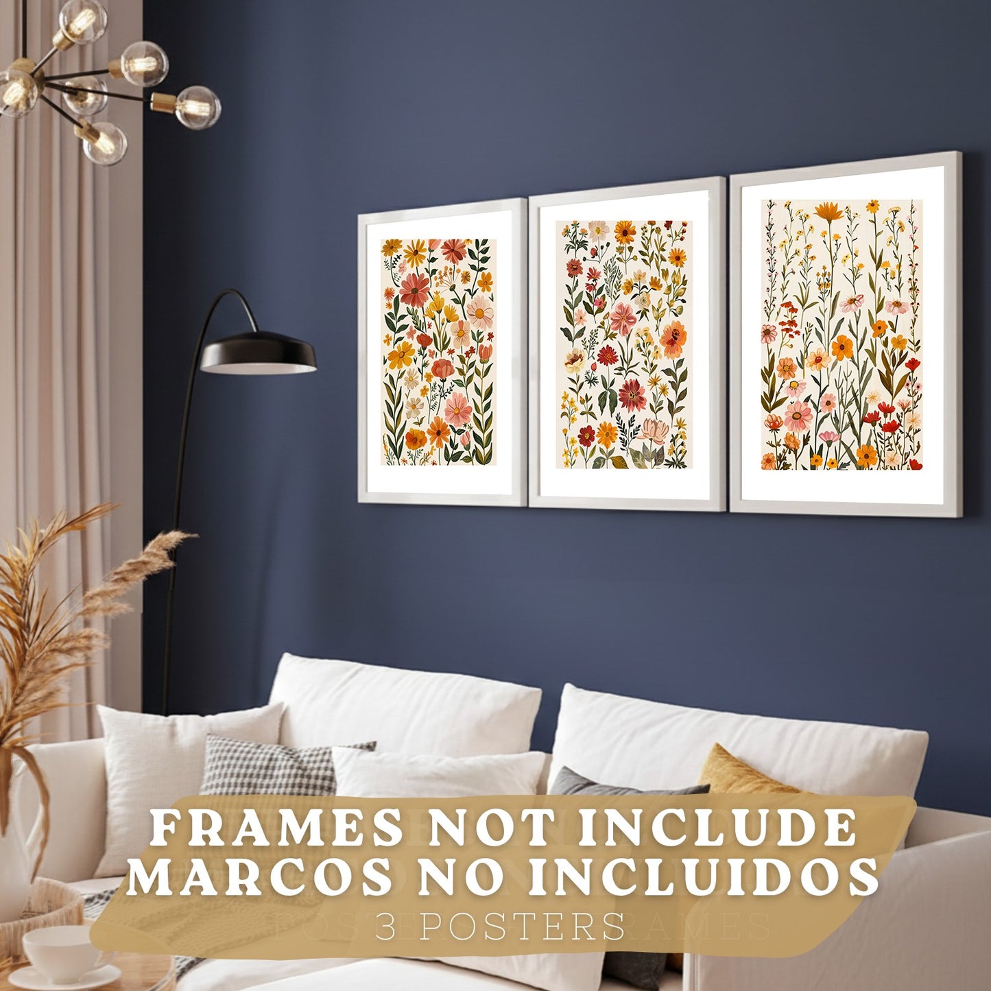 Set de 3 laminas decorativas flores silvestres. Cuadros Salon modernos - Posters decorativos Botanico campestre. Decoración Dormitorios.