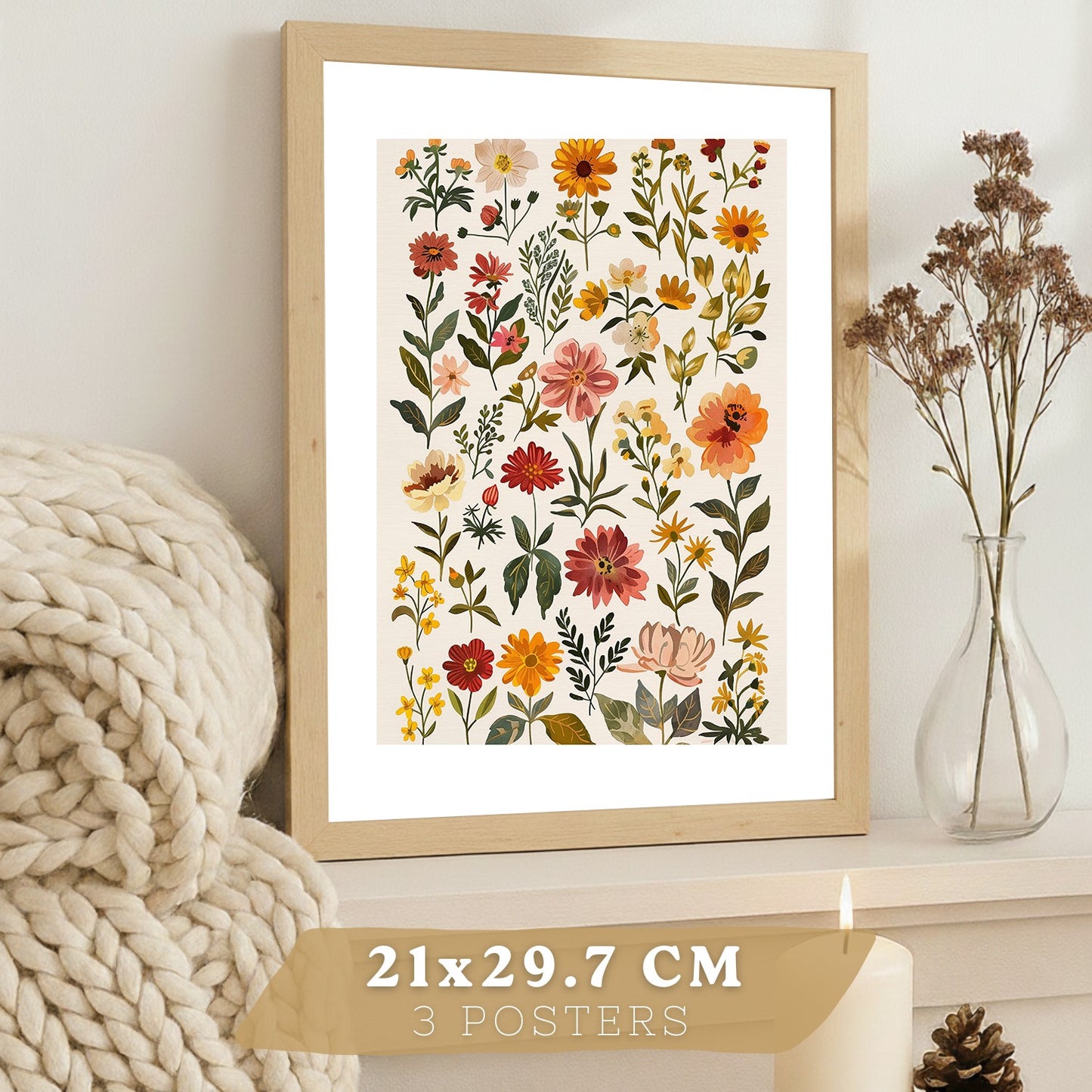 Set de 3 laminas decorativas flores silvestres. Cuadros Salon modernos - Posters decorativos Botanico campestre. Decoración Dormitorios.