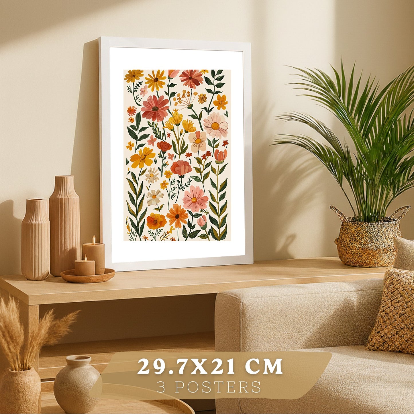 Set de 3 laminas decorativas flores silvestres. Cuadros Salon modernos - Posters decorativos Botanico campestre. Decoración Dormitorios.