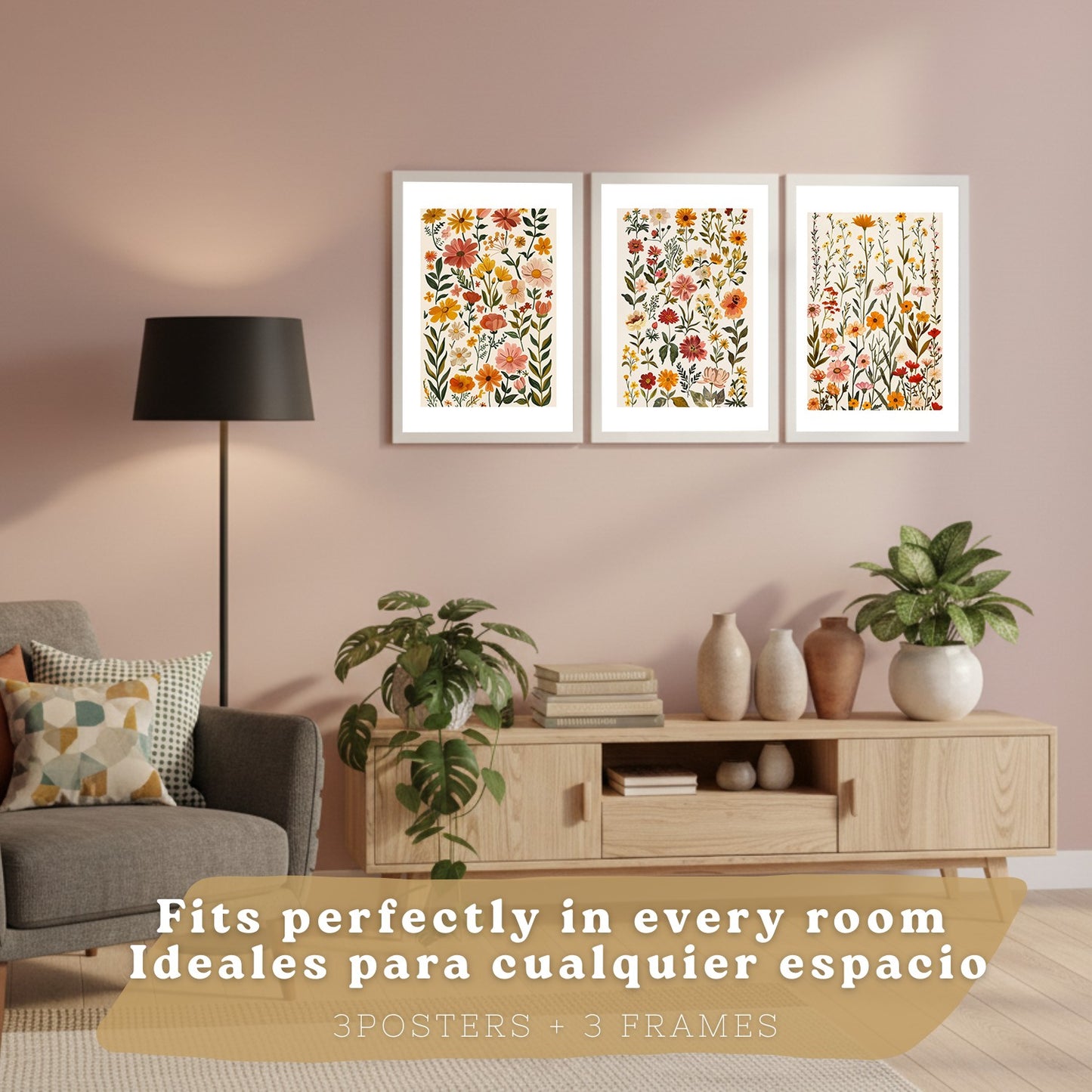 Set de 3 laminas decorativas flores silvestres. Cuadros Salon modernos - Posters decorativos Botanico campestre. Decoración Dormitorios.