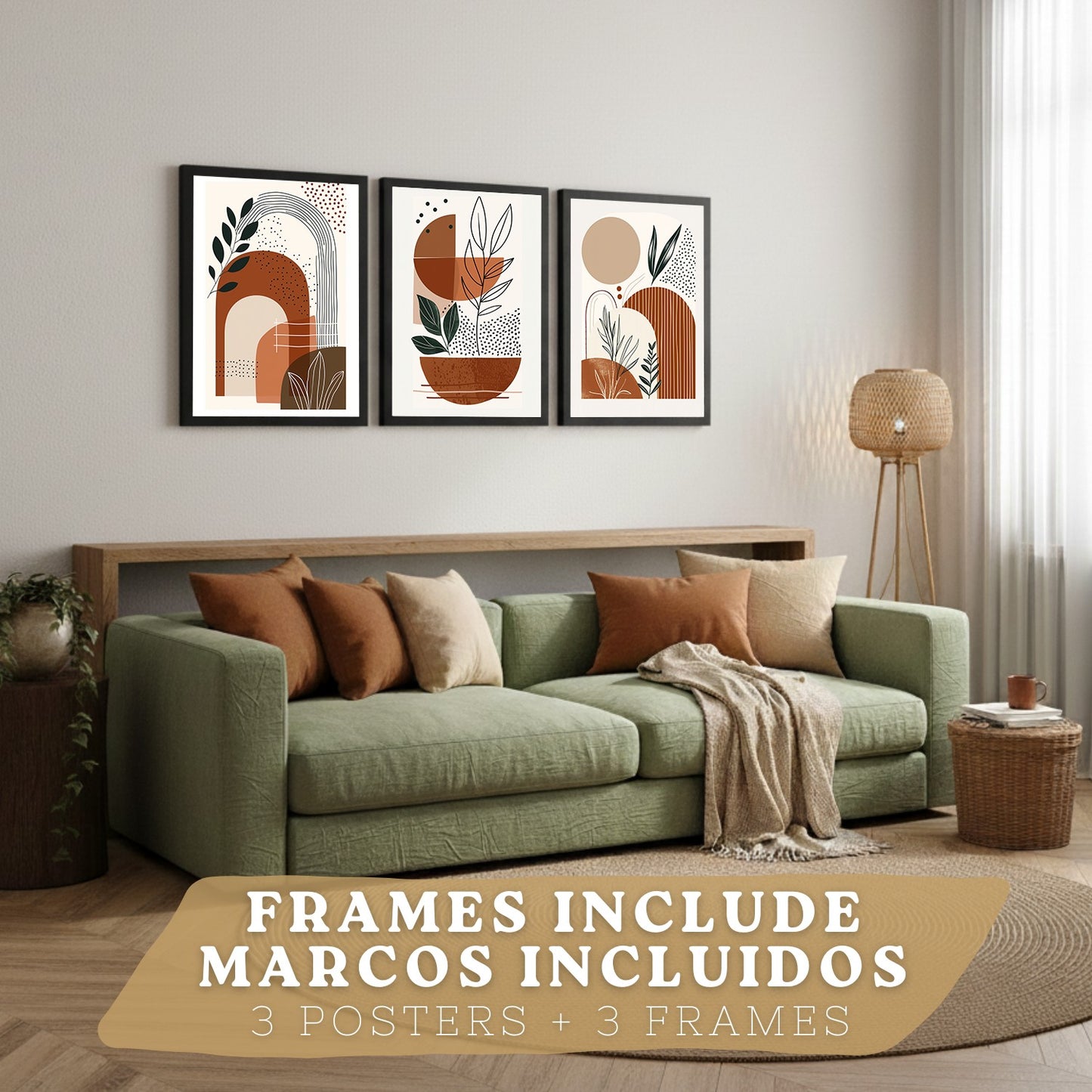 Set de 3 laminas decorativas Abstracto floral Cuadros Salon modernos - Posters decorativos plantas marrones. Decoración Dormitorios.