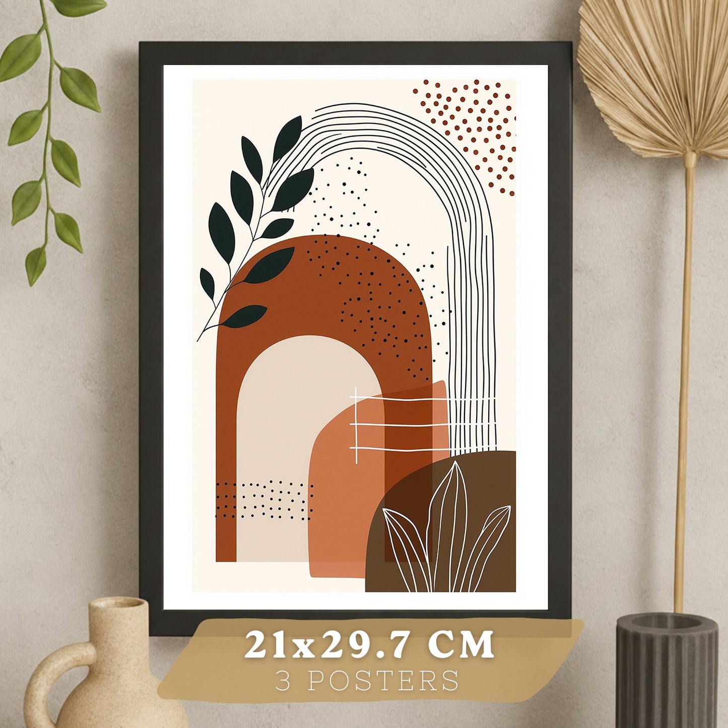 Set de 3 laminas decorativas Abstracto floral Cuadros Salon modernos - Posters decorativos plantas marrones. Decoración Dormitorios.