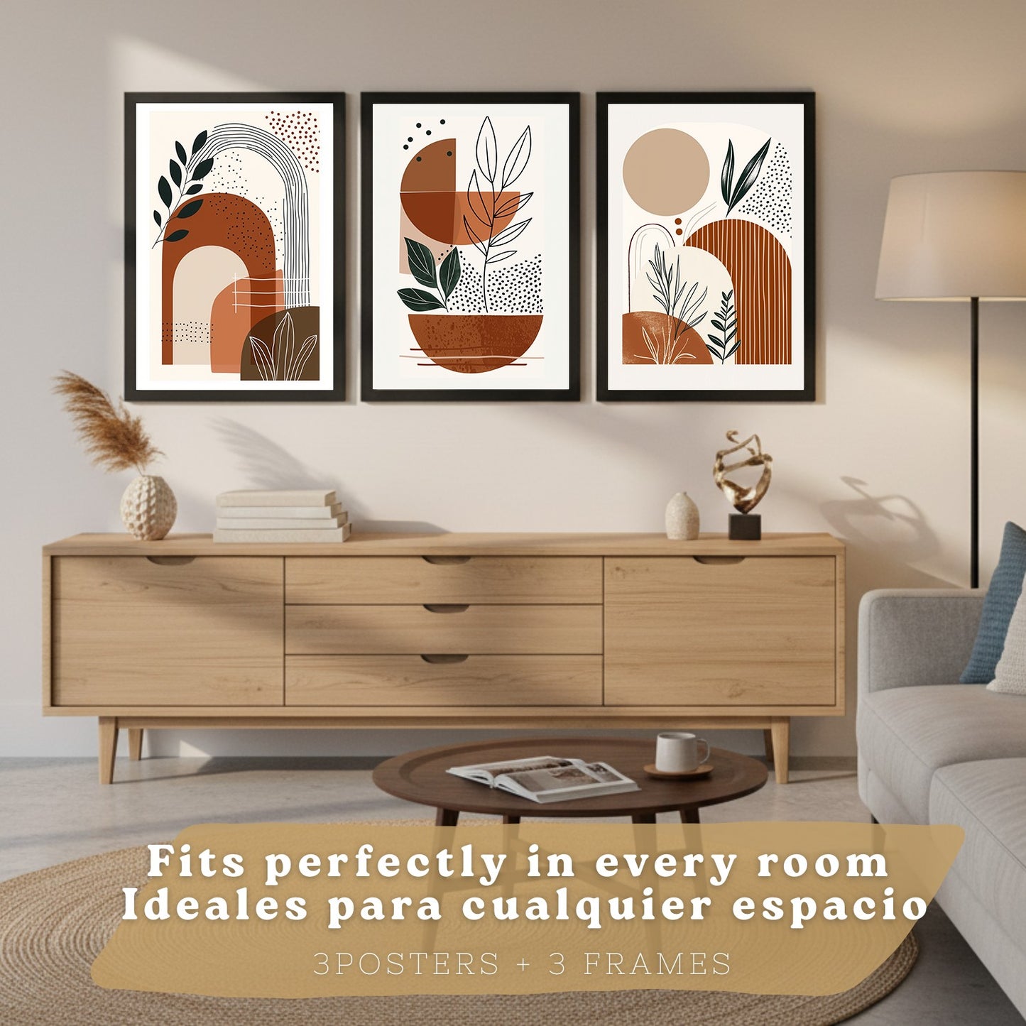 Set de 3 laminas decorativas Abstracto floral Cuadros Salon modernos - Posters decorativos plantas marrones. Decoración Dormitorios.