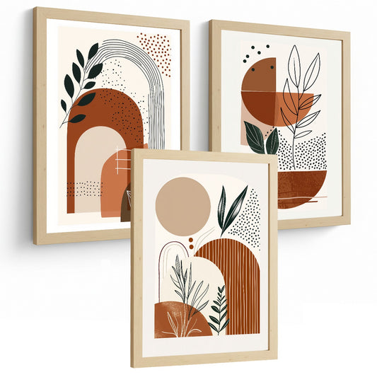 Set de 3 laminas decorativas Abstracto floral Cuadros Salon modernos - Posters decorativos plantas marrones. Decoración Dormitorios.