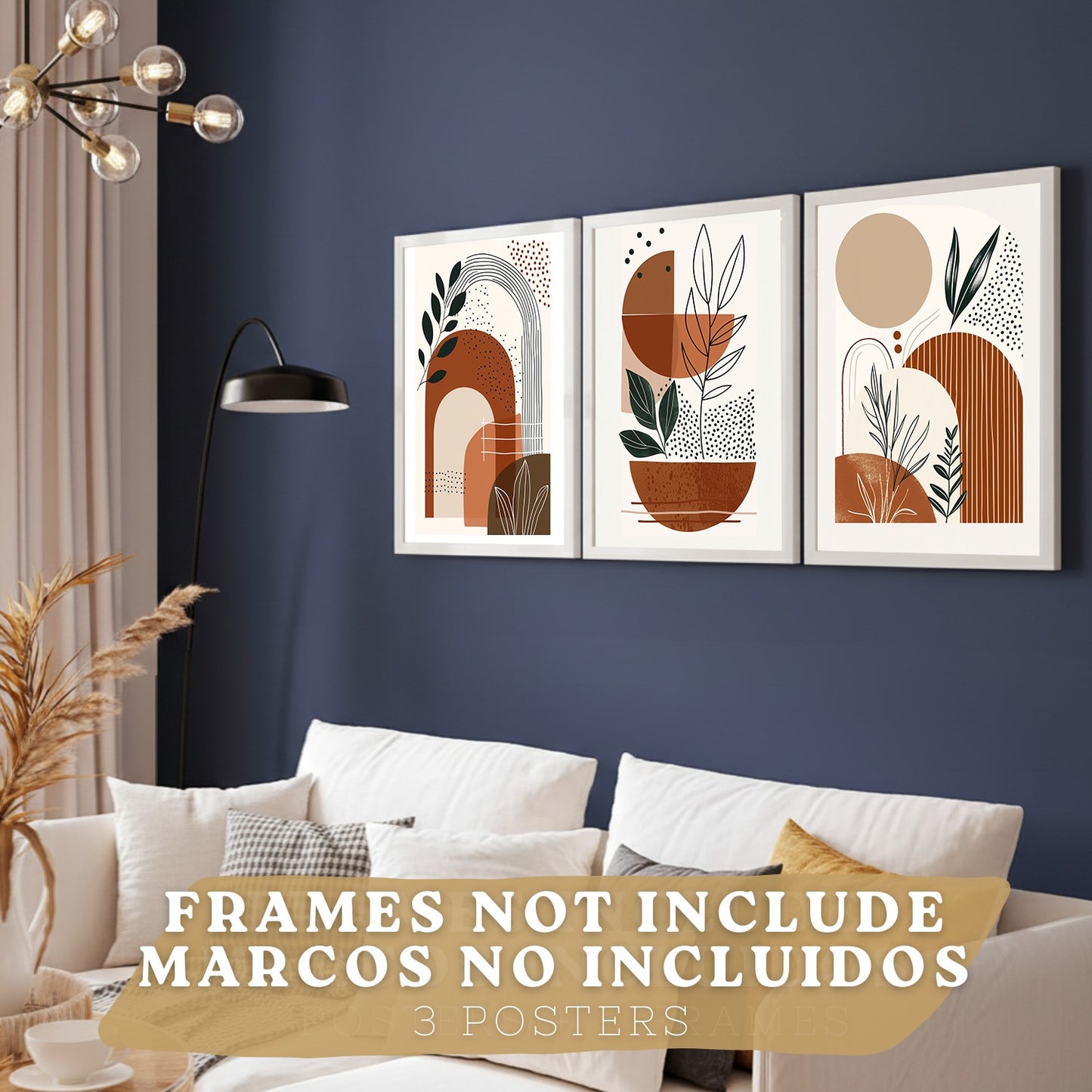 Set de 3 laminas decorativas Abstracto floral Cuadros Salon modernos - Posters decorativos plantas marrones. Decoración Dormitorios.