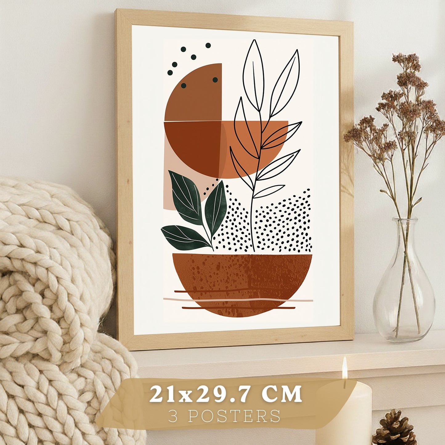 Set de 3 laminas decorativas Abstracto floral Cuadros Salon modernos - Posters decorativos plantas marrones. Decoración Dormitorios.