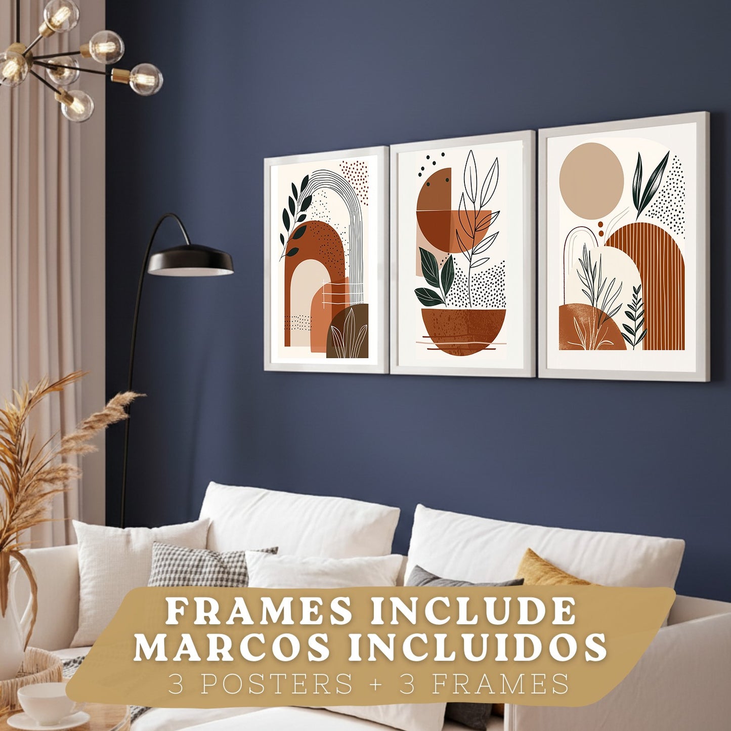 Set de 3 laminas decorativas Abstracto floral Cuadros Salon modernos - Posters decorativos plantas marrones. Decoración Dormitorios.