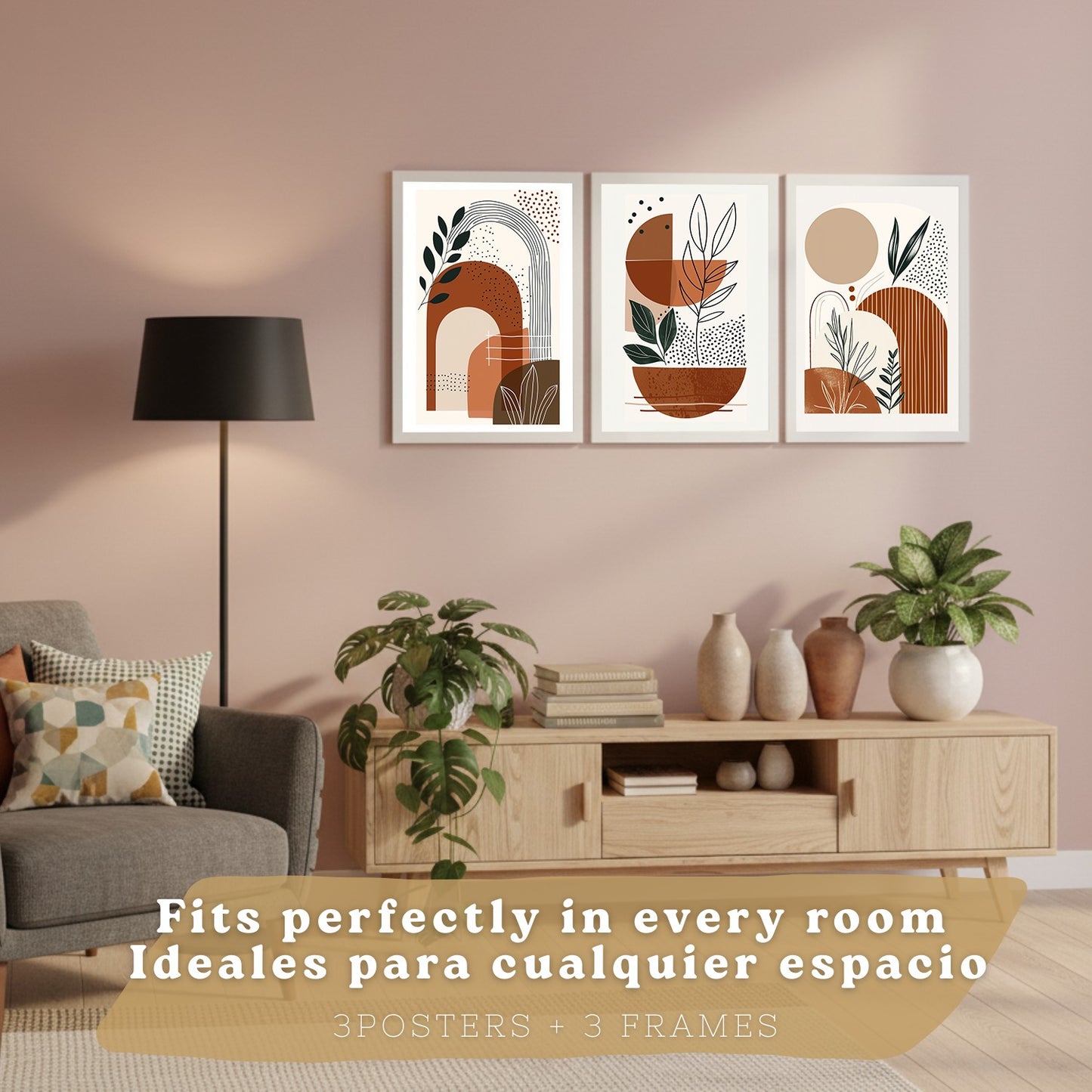 Set de 3 laminas decorativas Abstracto floral Cuadros Salon modernos - Posters decorativos plantas marrones. Decoración Dormitorios.