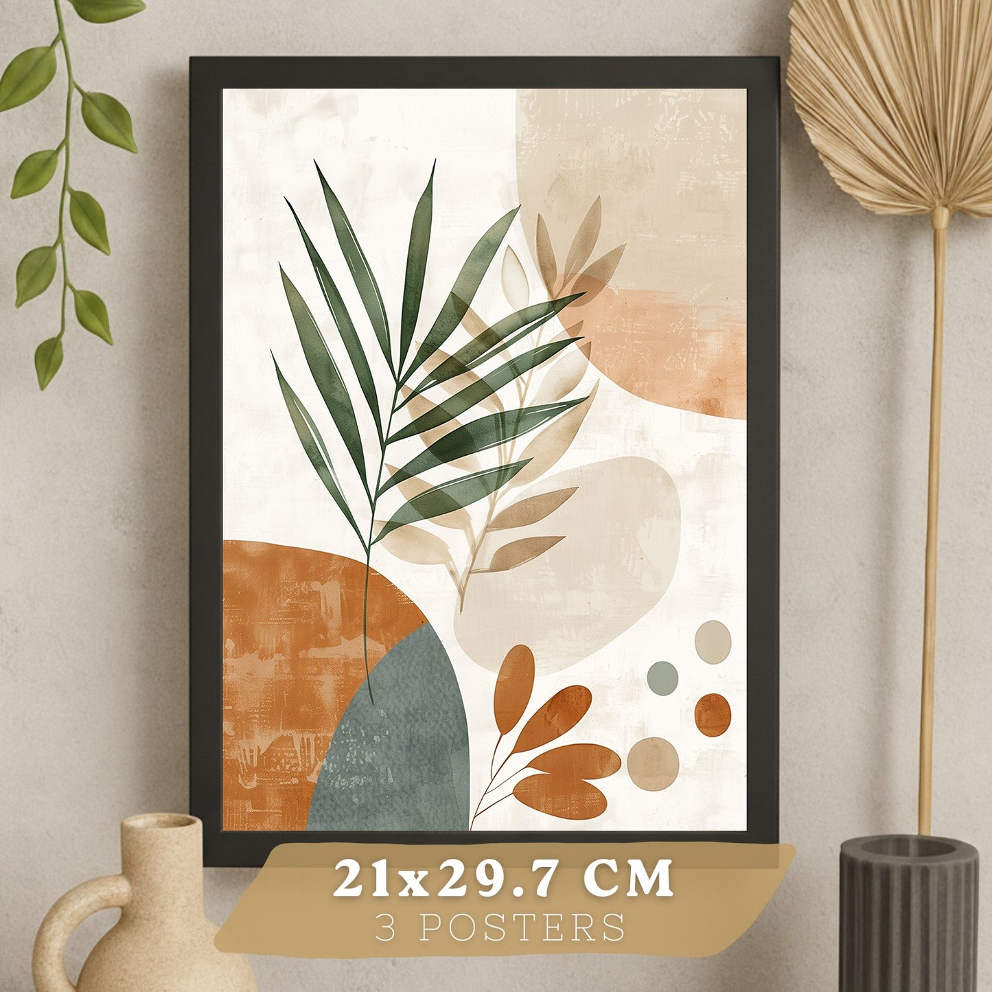 Set de 3 laminas decorativas Abstractas floral Cuadros Salon modernos - Posters decorativos plantas marrones. Decoración Dormitorios.