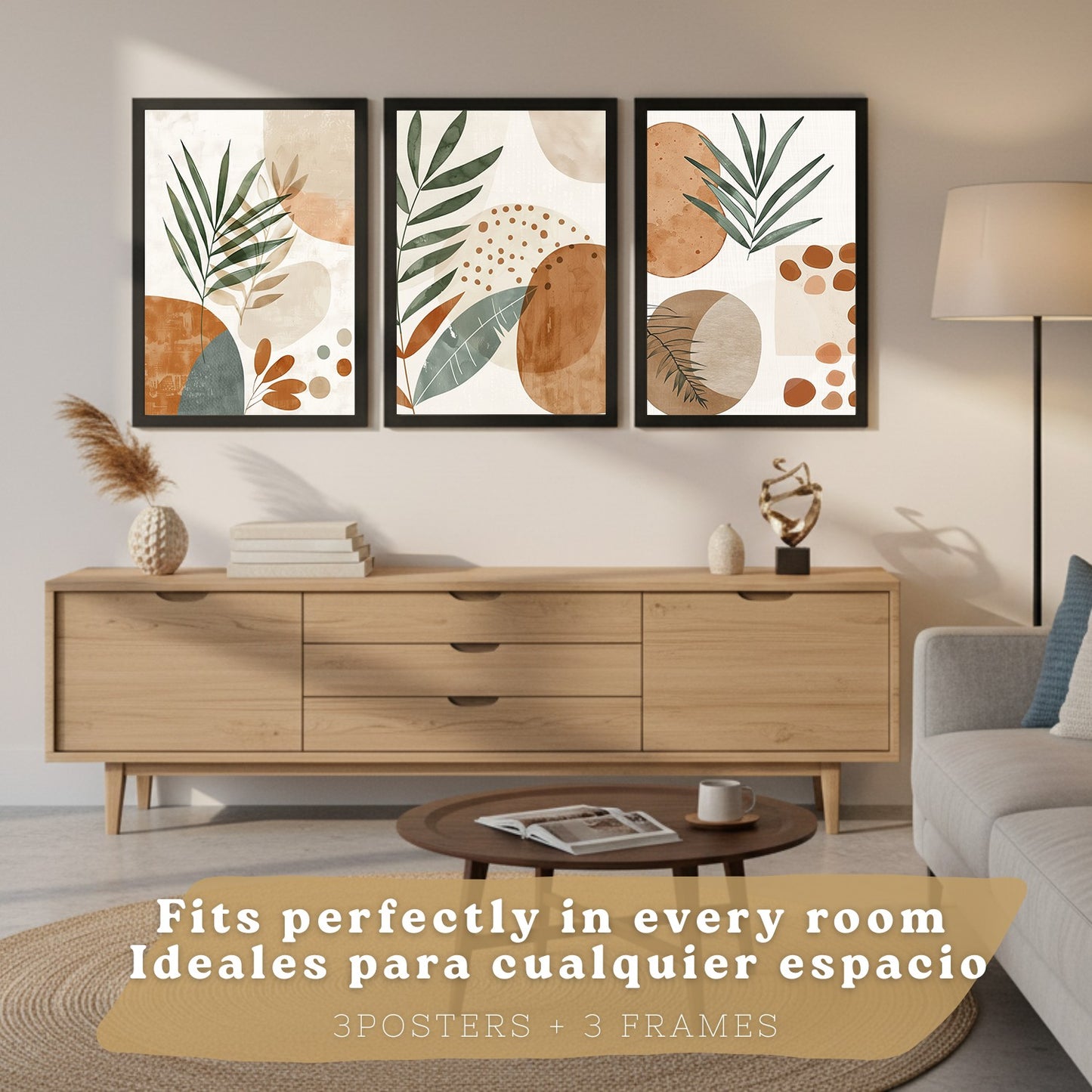 Set de 3 laminas decorativas Abstractas floral Cuadros Salon modernos - Posters decorativos plantas marrones. Decoración Dormitorios.