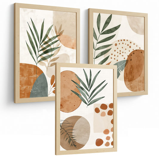 Set de 3 laminas decorativas Abstractas floral Cuadros Salon modernos - Posters decorativos plantas marrones. Decoración Dormitorios.