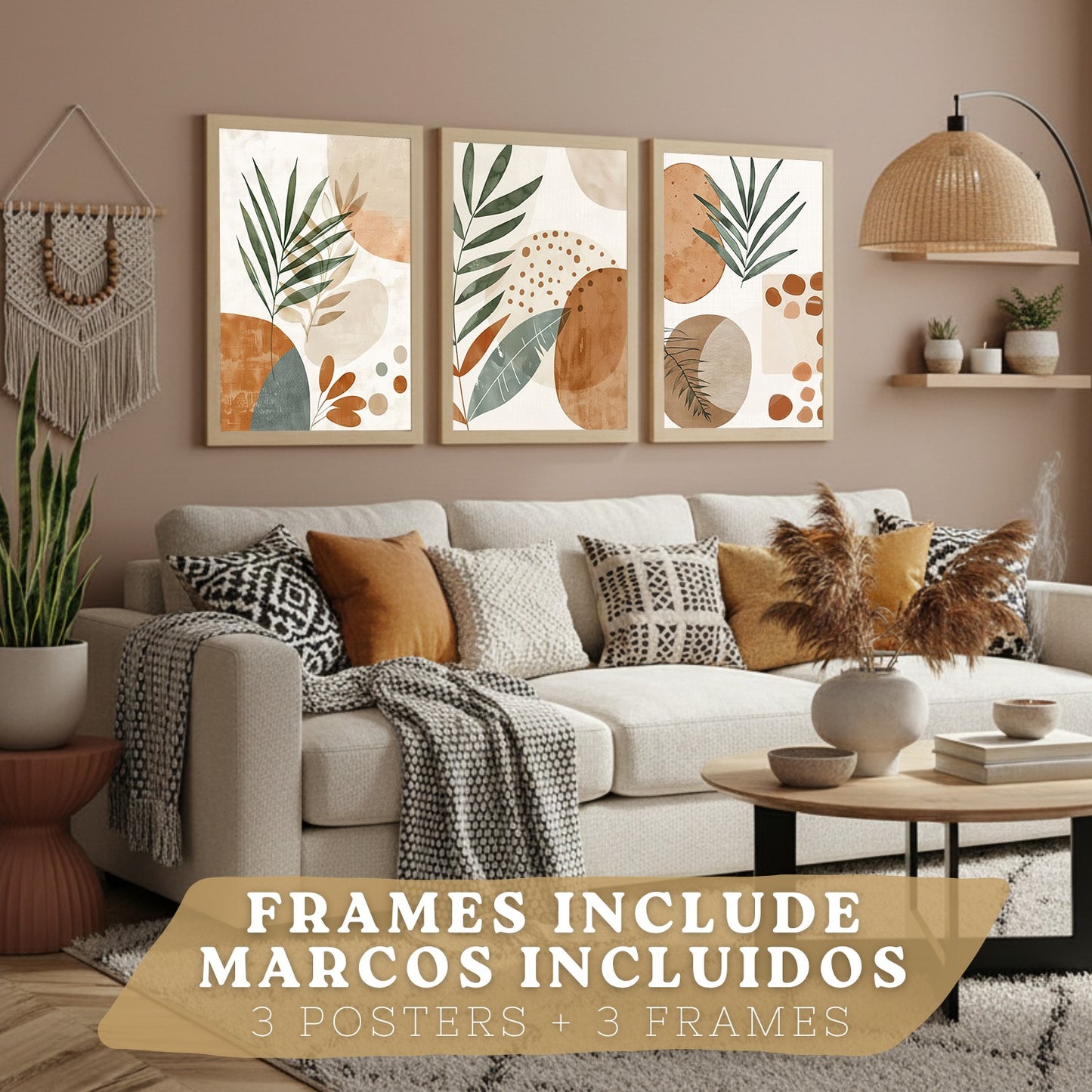 Set de 3 laminas decorativas Abstractas floral Cuadros Salon modernos - Posters decorativos plantas marrones. Decoración Dormitorios.