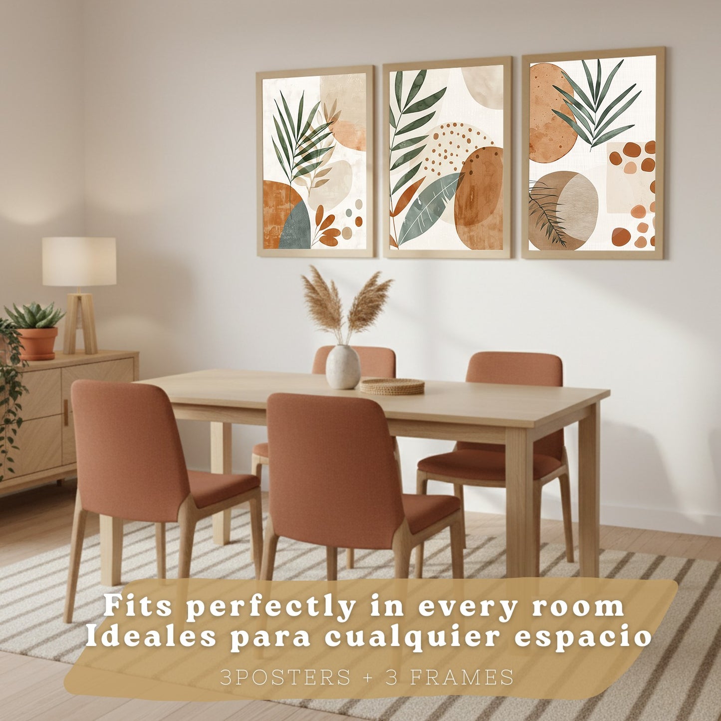 Set de 3 laminas decorativas Abstractas floral Cuadros Salon modernos - Posters decorativos plantas marrones. Decoración Dormitorios.