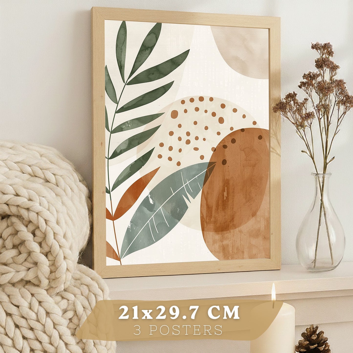 Set de 3 laminas decorativas Abstractas floral Cuadros Salon modernos - Posters decorativos plantas marrones. Decoración Dormitorios.