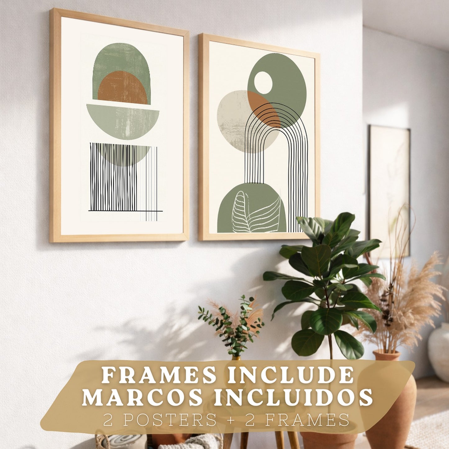 Set de 3 laminas decorativas Abstractas Cuadros Salon modernos - Posters decorativos verdes Decoración Dormitorios.