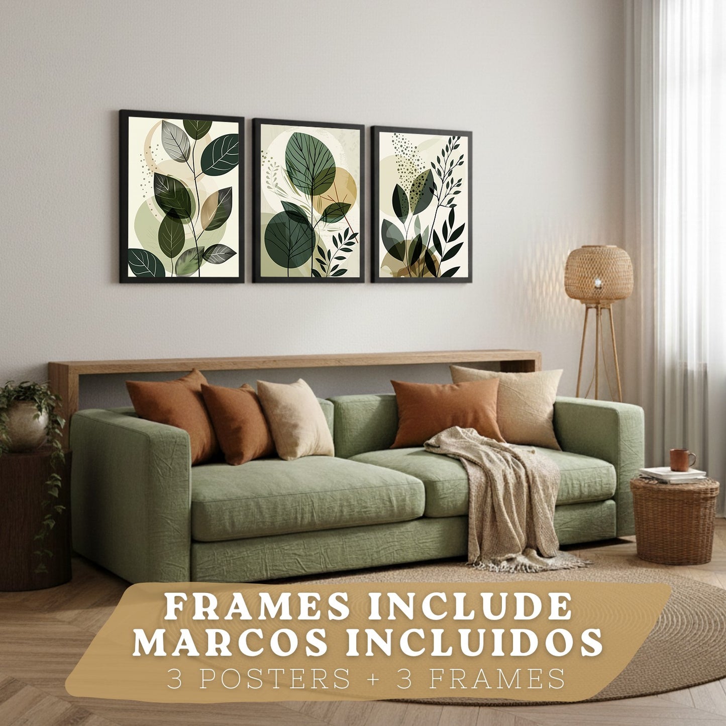 Set de 3 laminas decorativas Plantas Abstractas Verdes Cuadros Salon modernos - Posters decorativos Botanico Decoración Dormitorios.