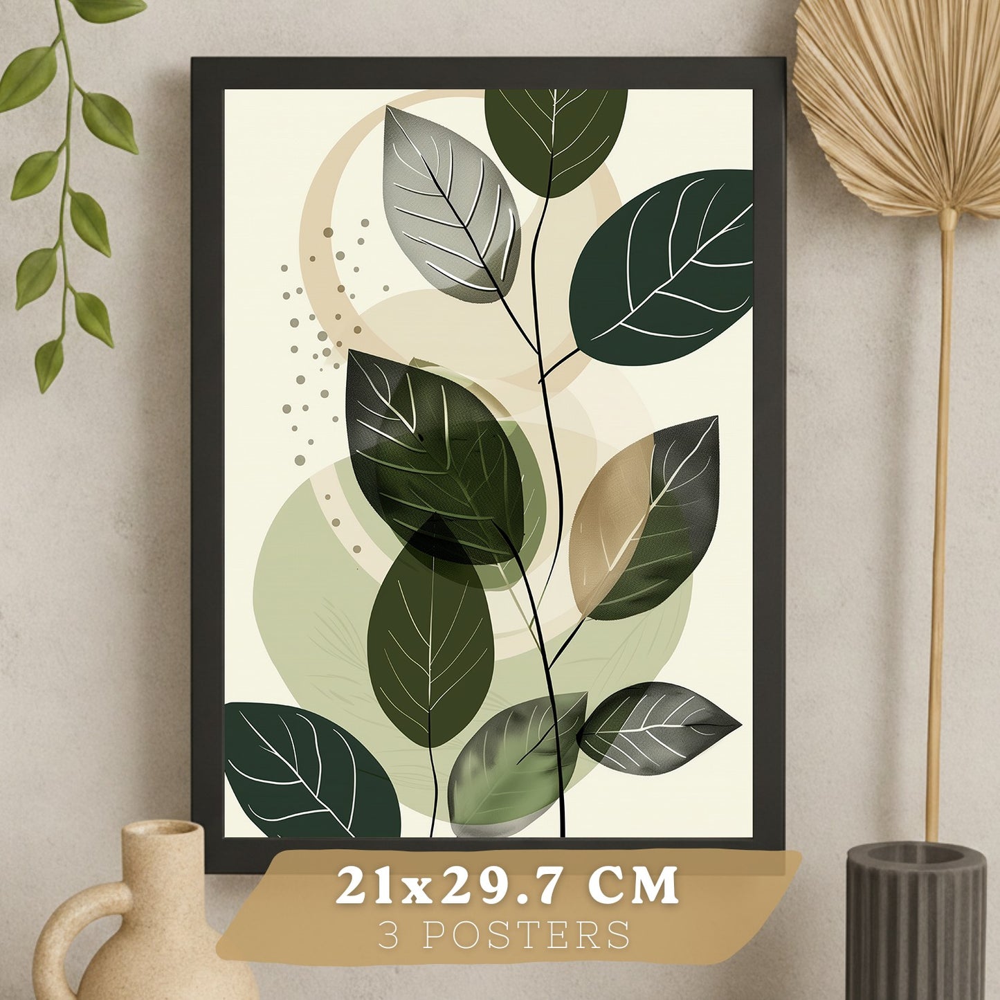 Set de 3 laminas decorativas Plantas Abstractas Verdes Cuadros Salon modernos - Posters decorativos Botanico Decoración Dormitorios.