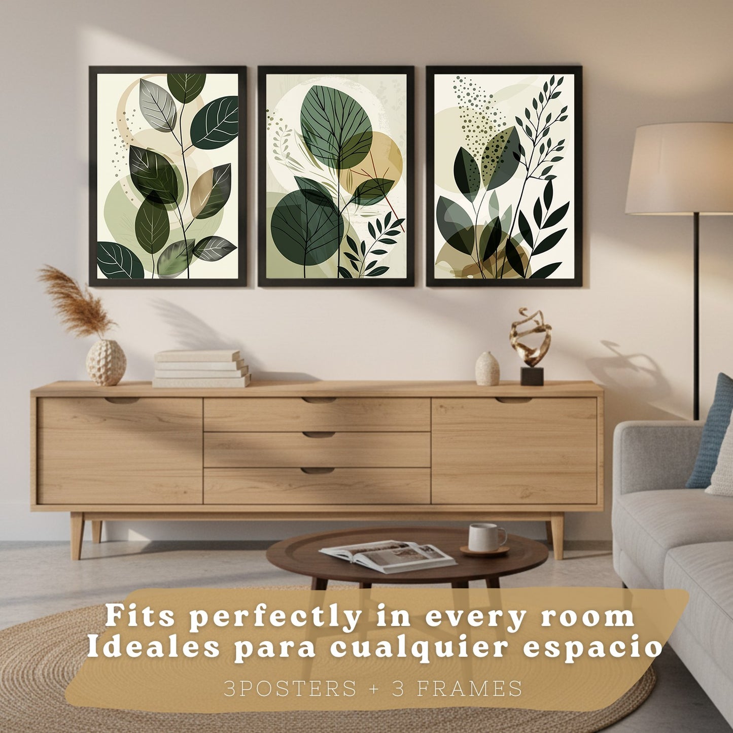 Set de 3 laminas decorativas Plantas Abstractas Verdes Cuadros Salon modernos - Posters decorativos Botanico Decoración Dormitorios.
