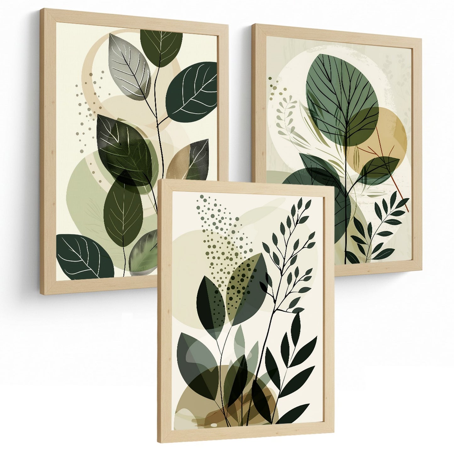 Set de 3 laminas decorativas Plantas Abstractas Verdes Cuadros Salon modernos - Posters decorativos Botanico Decoración Dormitorios.