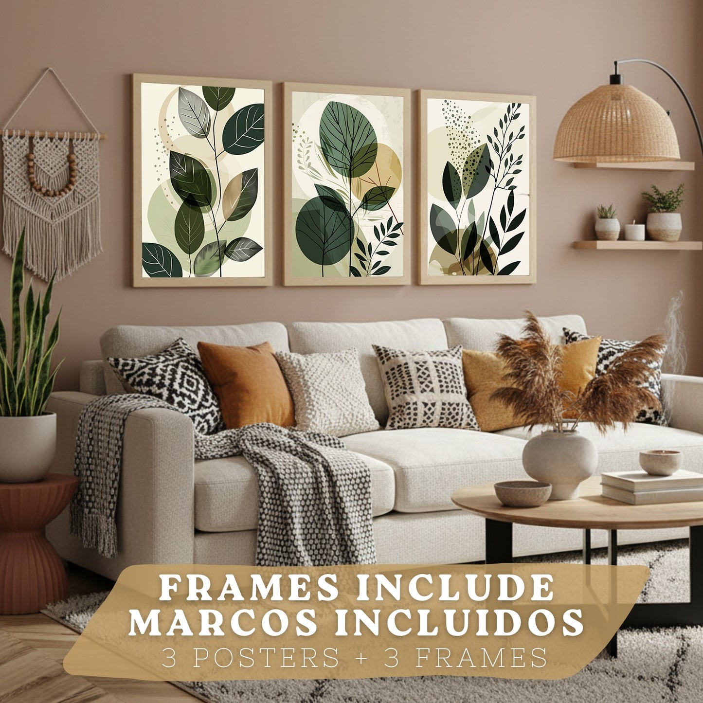 Set de 3 laminas decorativas Plantas Abstractas Verdes Cuadros Salon modernos - Posters decorativos Botanico Decoración Dormitorios.