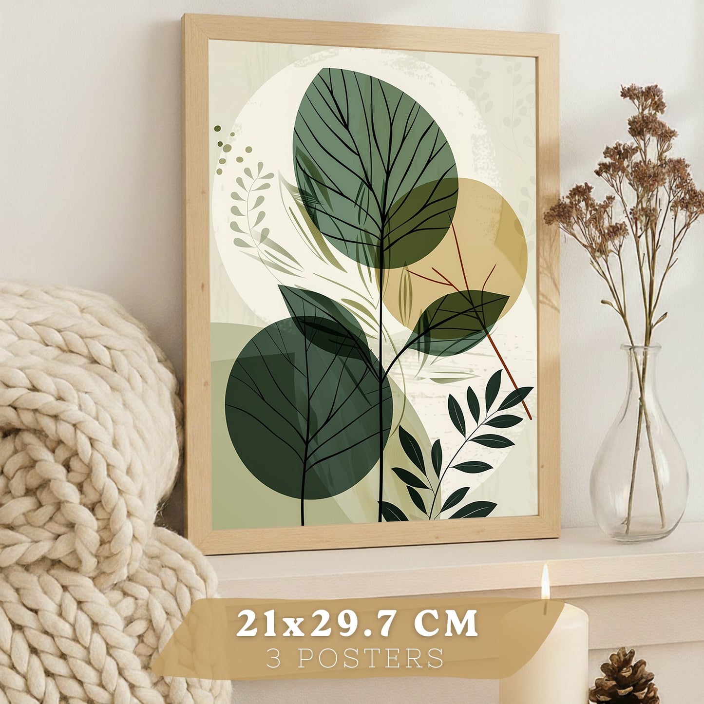 Set de 3 laminas decorativas Plantas Abstractas Verdes Cuadros Salon modernos - Posters decorativos Botanico Decoración Dormitorios.