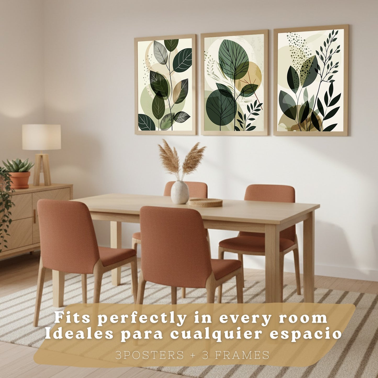 Set de 3 laminas decorativas Plantas Abstractas Verdes Cuadros Salon modernos - Posters decorativos Botanico Decoración Dormitorios.